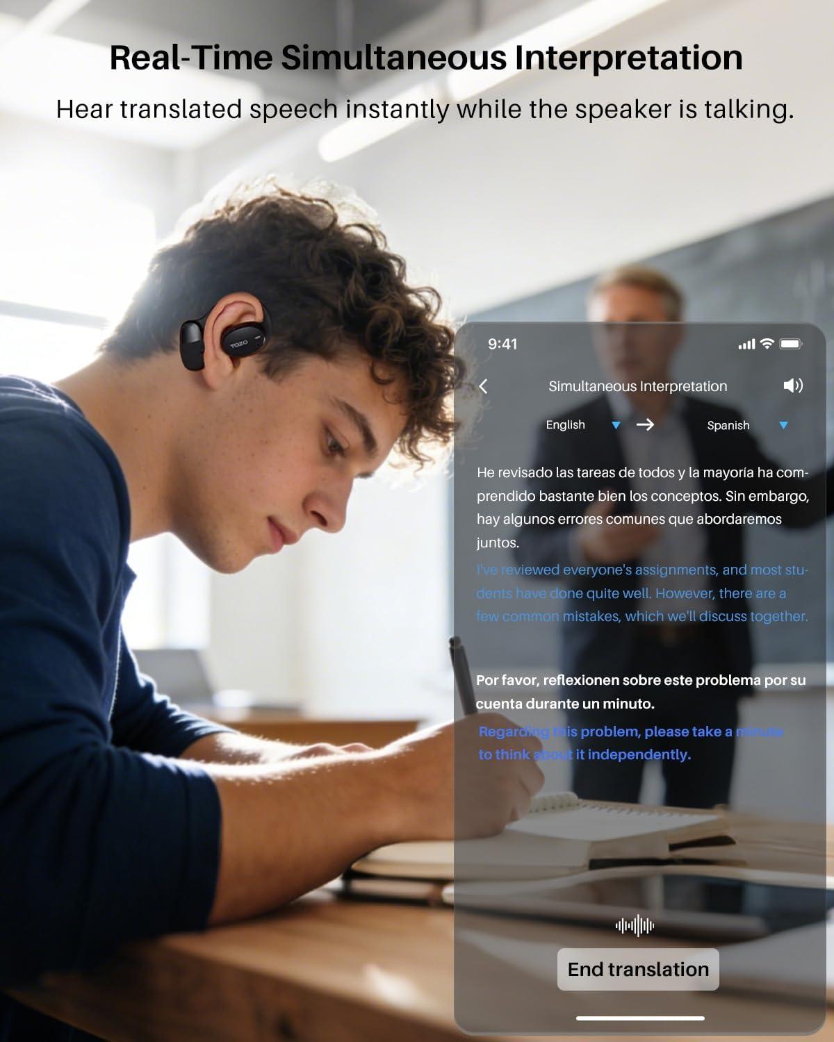 imageTOZO RealTime AI Translation Earbuds 80H Playtime Translator Ear Buds Digital Display AI Clear Calls Comfortable Wear Open Ear Earbuds AI Bluetooth Headphone for Travel Meeting Learning BlackBlack