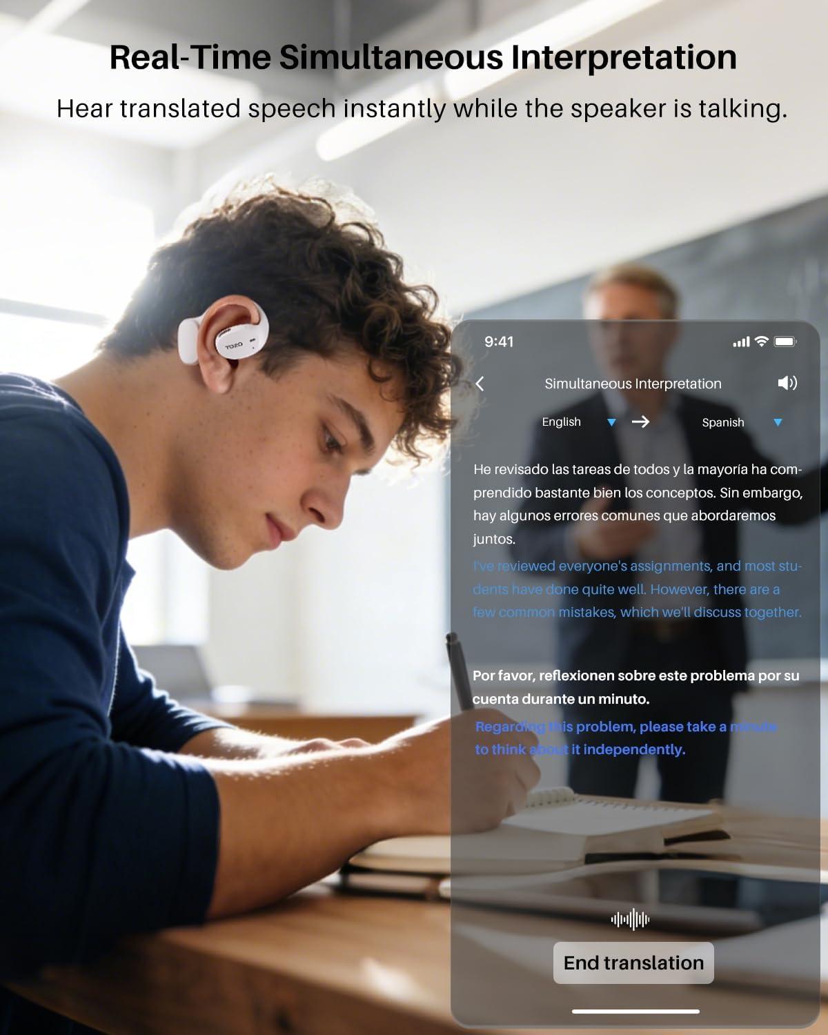 imageTOZO RealTime AI Translation Earbuds 80H Playtime Translator Ear Buds Digital Display AI Clear Calls Comfortable Wear Open Ear Earbuds AI Bluetooth Headphone for Travel Meeting Learning BlackWhite