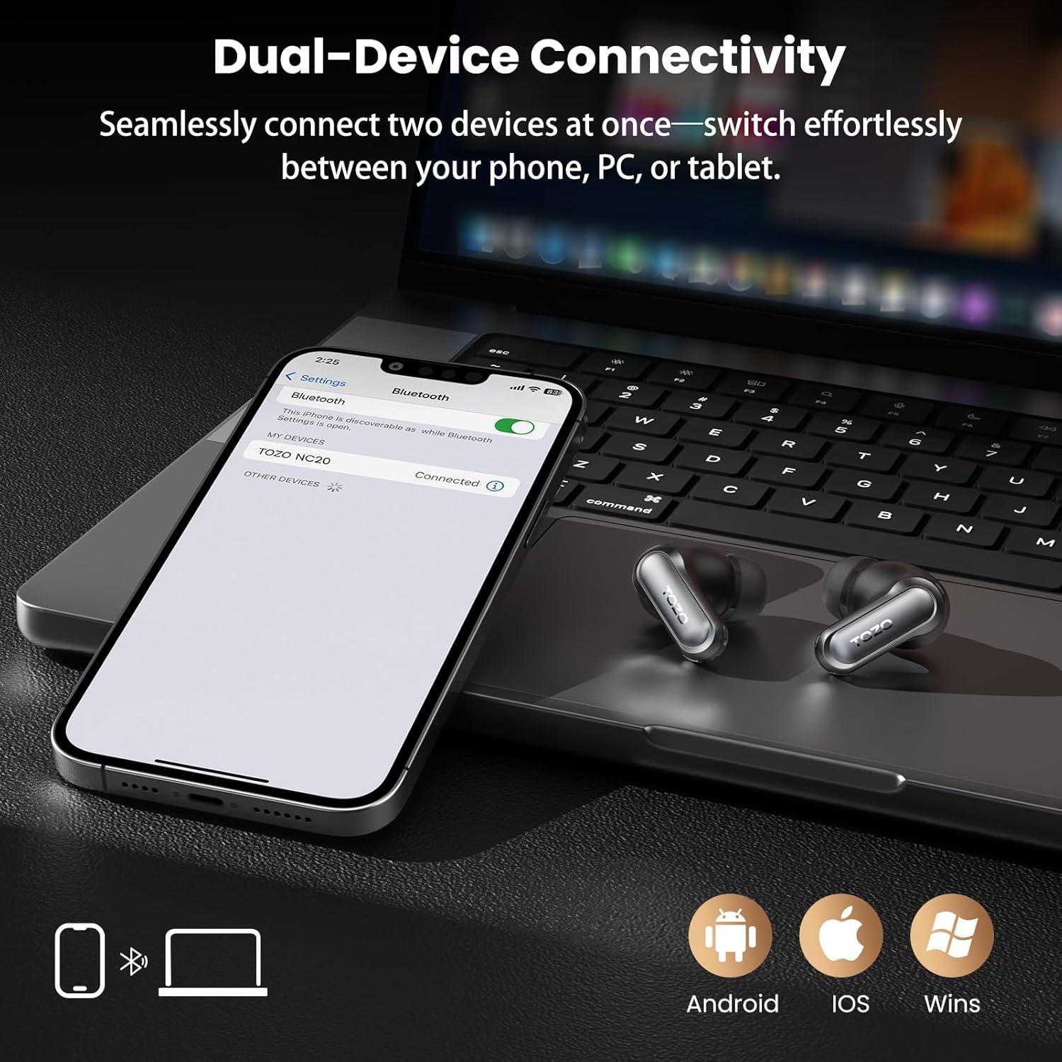 imageTOZO NC20 Active Noise Cancelling Wireless Earbuds LDAC HiRes Sound Bluetooth Headphones 6 Mics AI Call Ear Buds 80H Playtime Dual Pairing 32 EQ via App IPX8 Waterproof Wireless Charging CaseTitanium Black