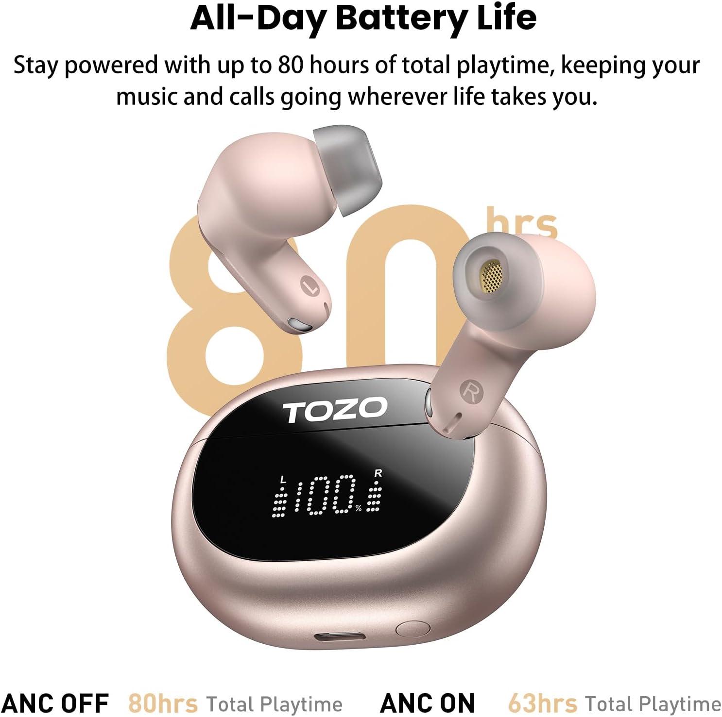 imageTOZO NC20 Active Noise Cancelling Wireless Earbuds LDAC HiRes Sound Bluetooth Headphones 6 Mics AI Call Ear Buds 80H Playtime Dual Pairing 32 EQ via App IPX8 Waterproof Wireless Charging CaseTitanium Rose Gold