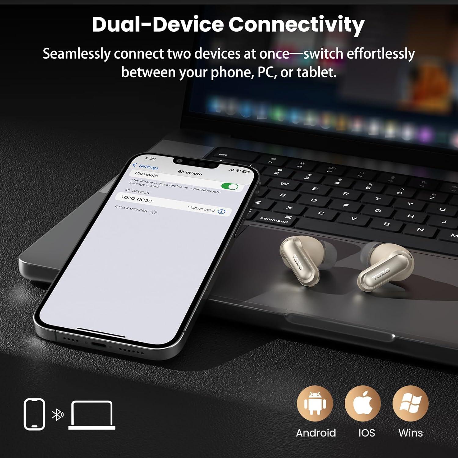 imageTOZO NC20 Active Noise Cancelling Wireless Earbuds LDAC HiRes Sound Bluetooth Headphones 6 Mics AI Call Ear Buds 80H Playtime Dual Pairing 32 EQ via App IPX8 Waterproof Wireless Charging CaseTitanium Champagne