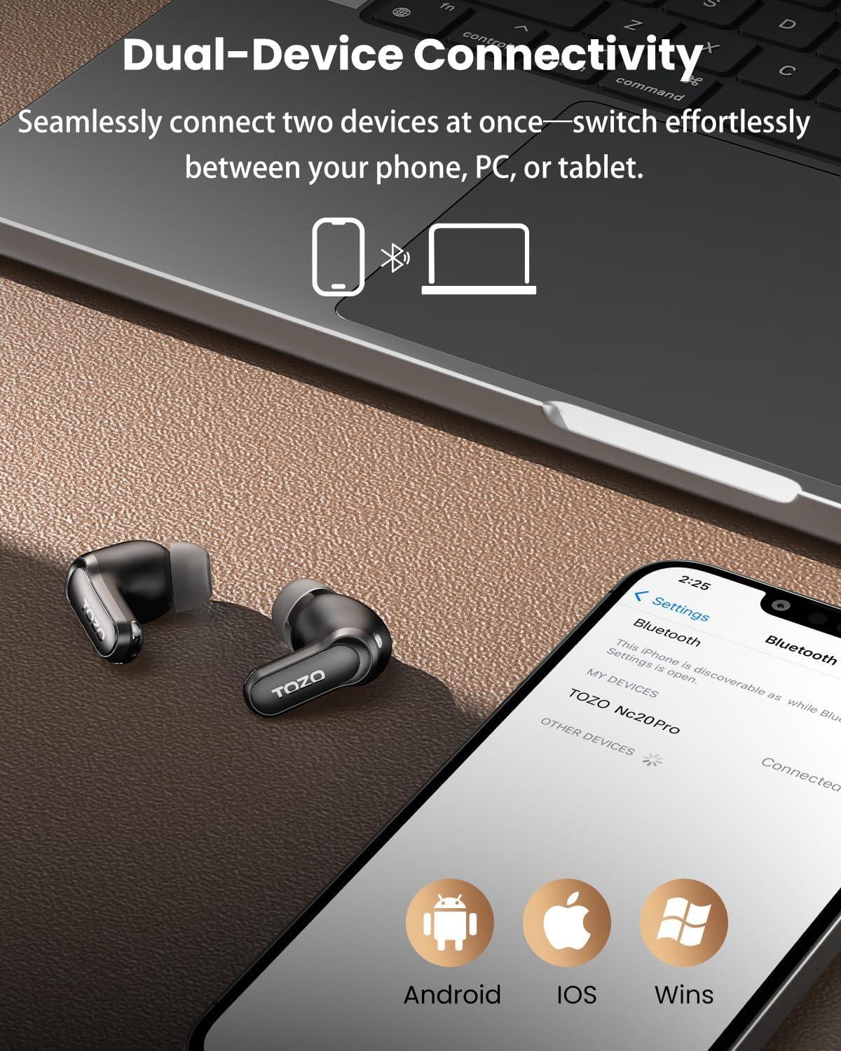 imageTOZO NC20 Active Noise Cancelling Wireless Earbuds LDAC HiRes Sound Bluetooth Headphones 6 Mics AI Call Ear Buds 80H Playtime Dual Pairing 32 EQ via App IPX8 Waterproof Wireless Charging CaseTitanium Black