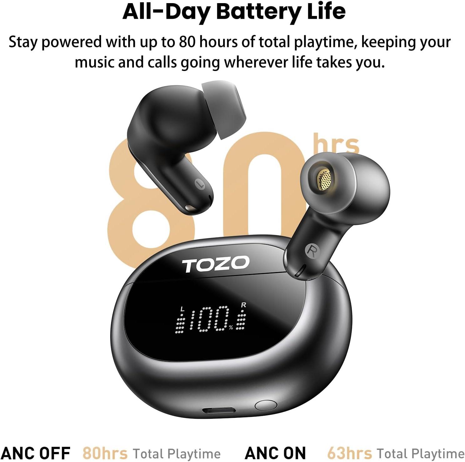 imageTOZO NC20 Active Noise Cancelling Wireless Earbuds LDAC HiRes Sound Bluetooth Headphones 6 Mics AI Call Ear Buds 80H Playtime Dual Pairing 32 EQ via App IPX8 Waterproof Wireless Charging CaseTitanium Black