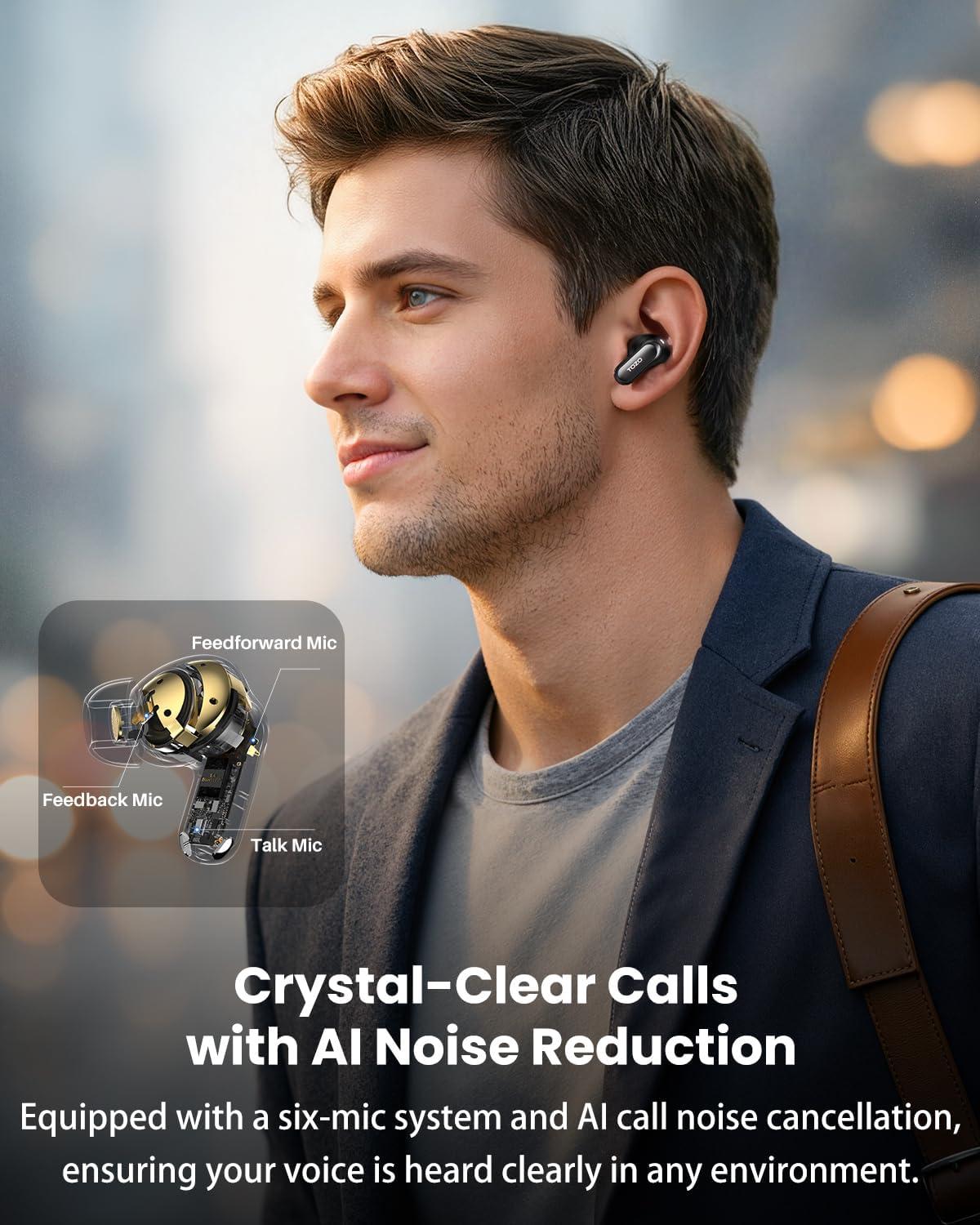imageTOZO NC20 Active Noise Cancelling Wireless Earbuds LDAC HiRes Sound Bluetooth Headphones 6 Mics AI Call Ear Buds 80H Playtime Dual Pairing 32 EQ via App IPX8 Waterproof Wireless Charging CaseTitanium Black