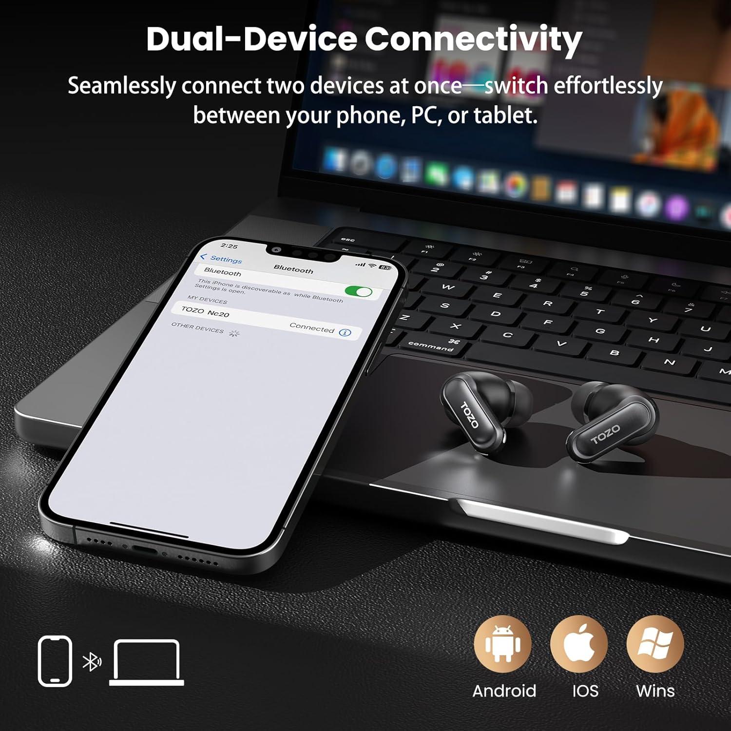 imageTOZO NC20 Active Noise Cancelling Wireless Earbuds LDAC HiRes Sound Bluetooth Headphones 6 Mics AI Call Ear Buds 80H Playtime Dual Pairing 32 EQ via App IPX8 Waterproof Wireless Charging CaseTitanium Gray