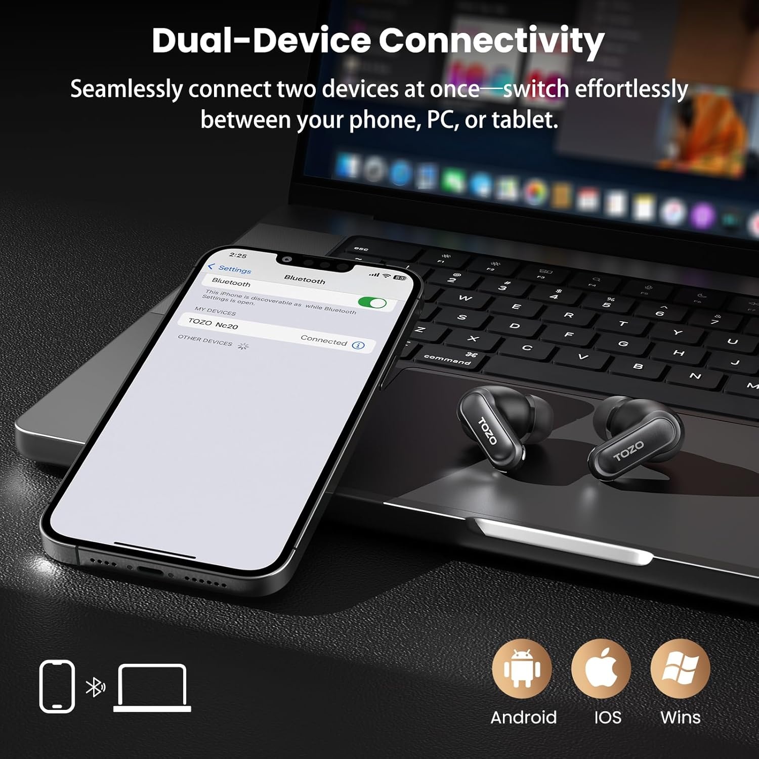 image:imageTOZO NC20 Pro Active Noise Cancelling Wireless Earbuds with Smart Touch Screen LDAC HiRes Audio Stereo Bass 6 Mics AI Call Ear Buds 80H Playtime IPX8 Waterproof 32 EQ via App Wireless ChargingTitanium Gray