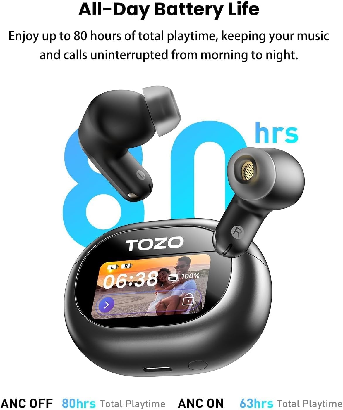 image:imageTOZO NC20 Pro Active Noise Cancelling Wireless Earbuds with Smart Touch Screen LDAC HiRes Audio Stereo Bass 6 Mics AI Call Ear Buds 80H Playtime IPX8 Waterproof 32 EQ via App Wireless ChargingInk Black
