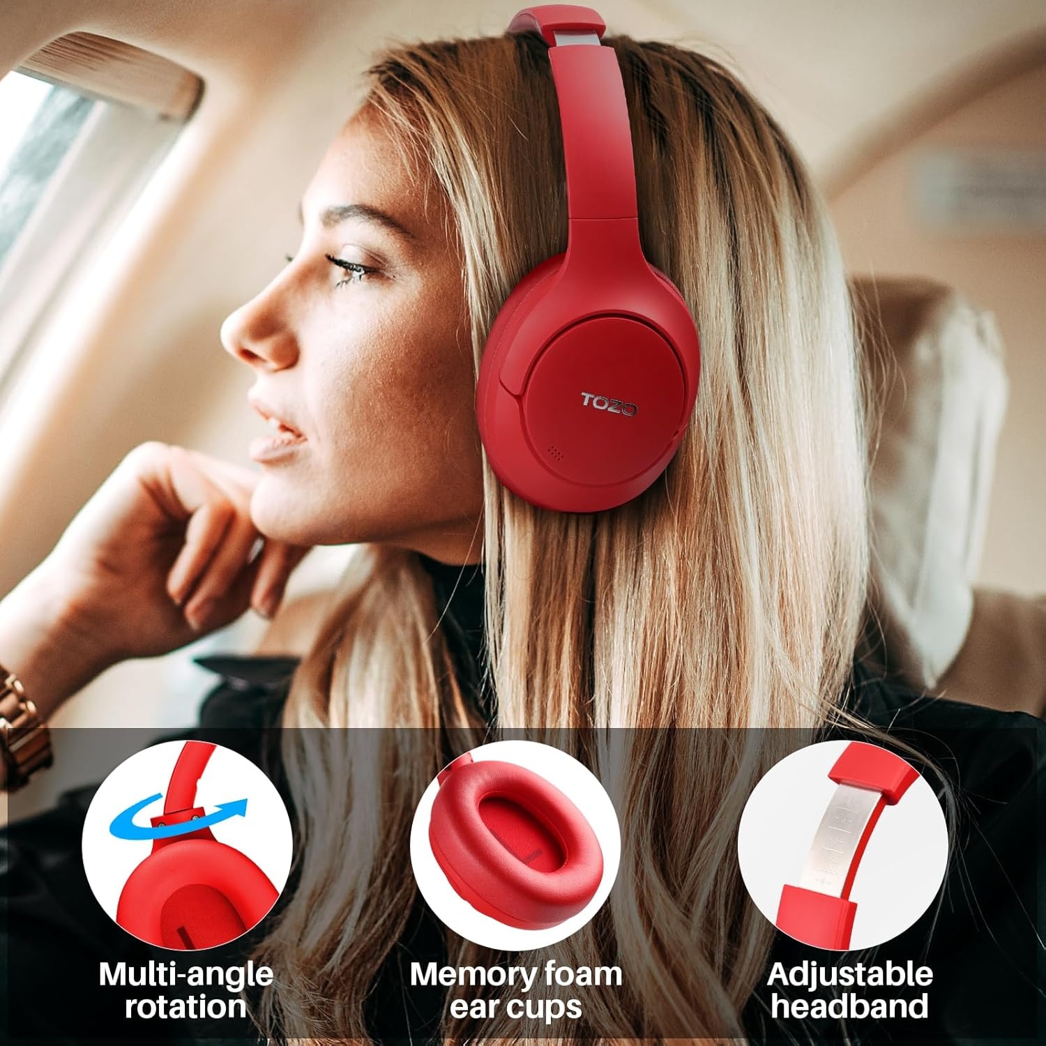 image:imageTOZO Hybrid Active Noise Cancelling Headphones Wireless Over Ear Bluetooth Headset 60H Playtime HiRes Audio Custom EQ via App Deep Bass Comfort Fit Ear Cups for Home Office Travel BlueDarkRed