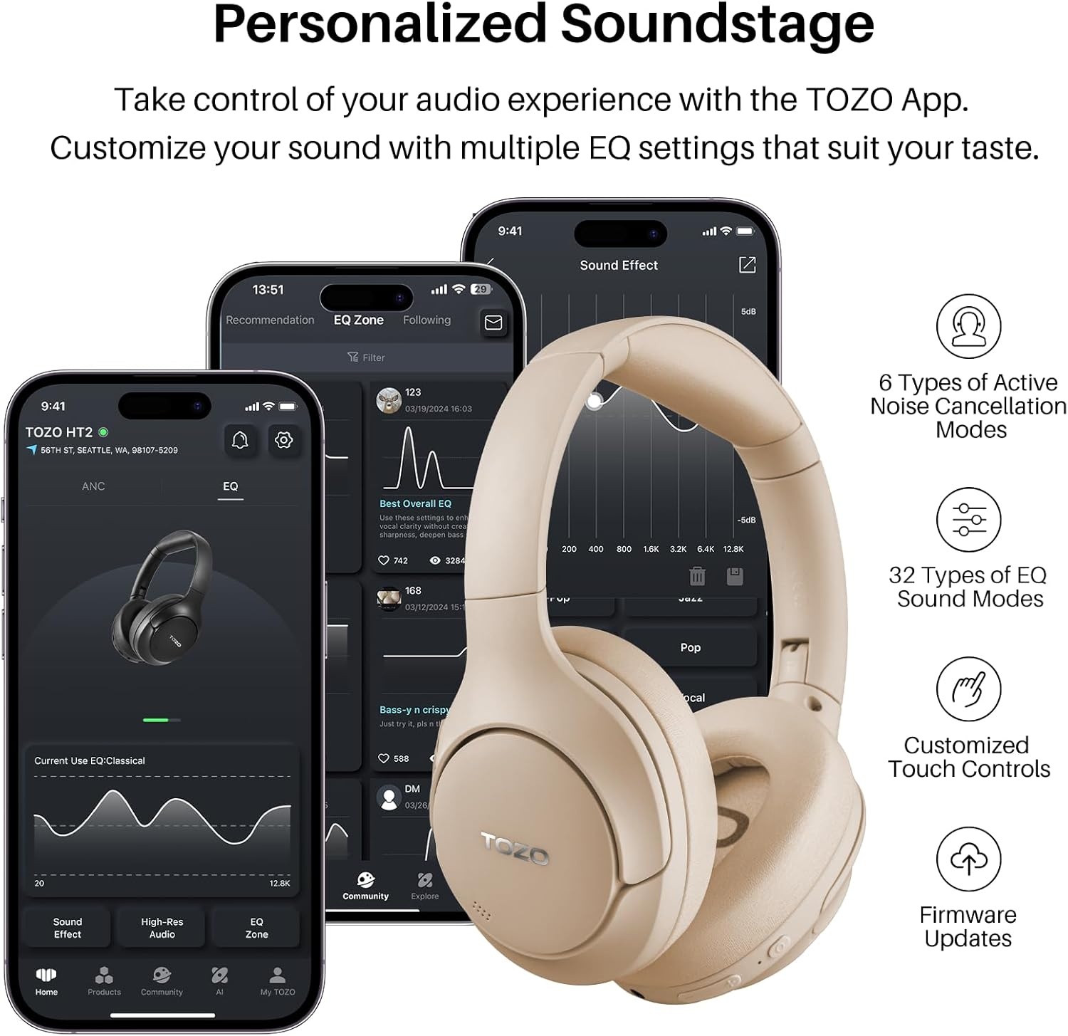 image:imageTOZO Hybrid Active Noise Cancelling Headphones Wireless Over Ear Bluetooth Headset 60H Playtime HiRes Audio Custom EQ via App Deep Bass Comfort Fit Ear Cups for Home Office Travel BlueKhaki