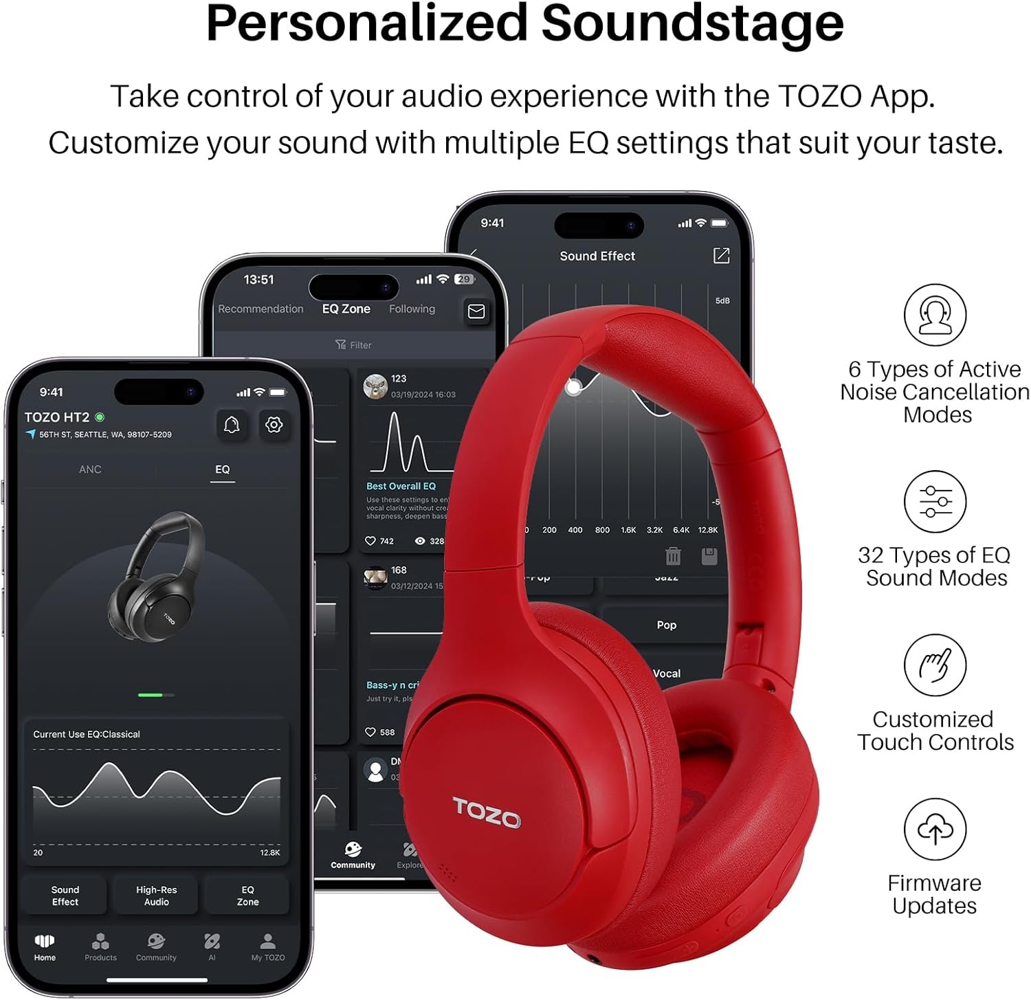 image:imageTOZO Hybrid Active Noise Cancelling Headphones Wireless Over Ear Bluetooth Headset 60H Playtime HiRes Audio Custom EQ via App Deep Bass Comfort Fit Ear Cups for Home Office Travel BlueDarkRed