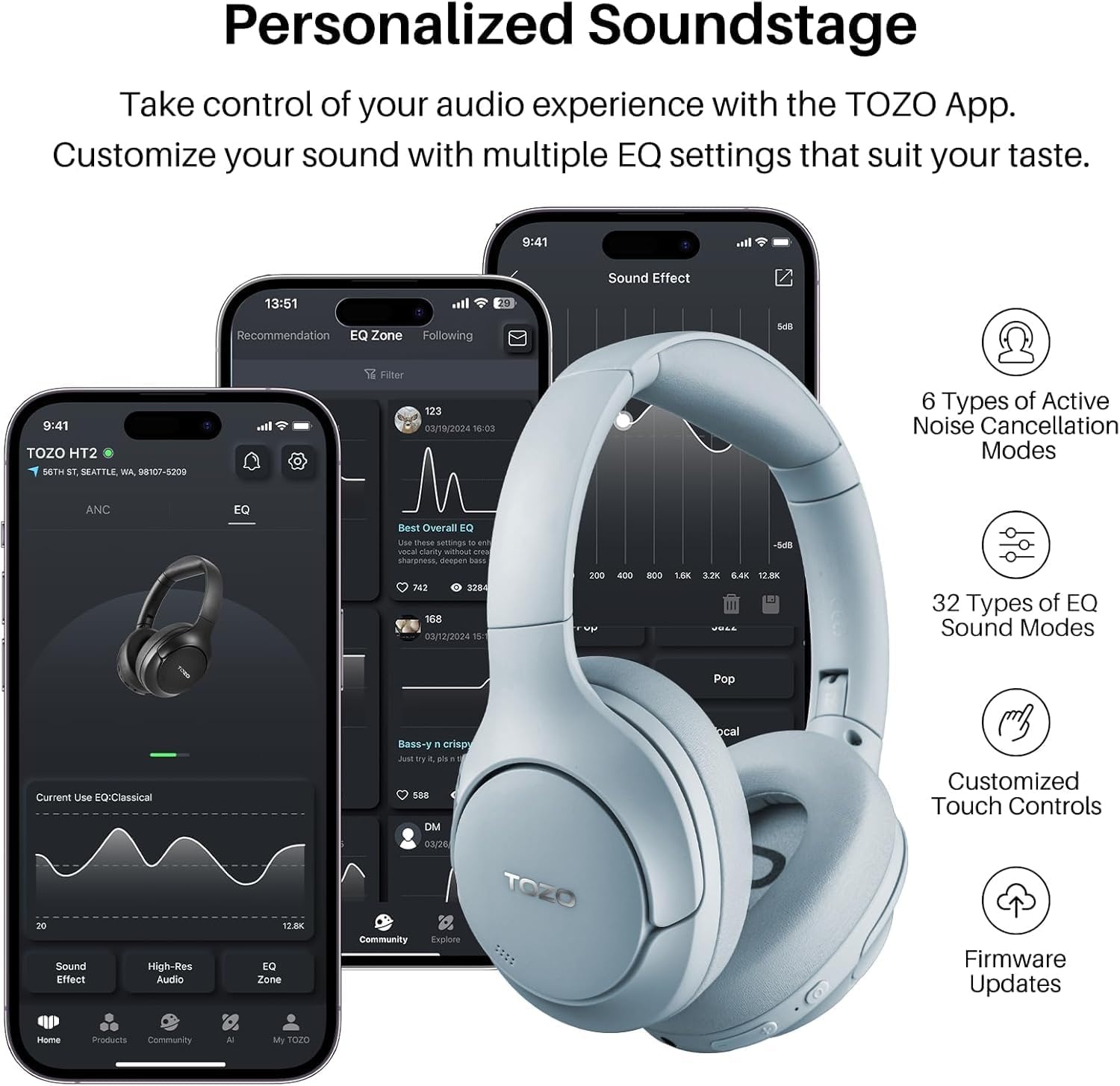 image:imageTOZO Hybrid Active Noise Cancelling Headphones Wireless Over Ear Bluetooth Headset 60H Playtime HiRes Audio Custom EQ via App Deep Bass Comfort Fit Ear Cups for Home Office Travel BlueBlue