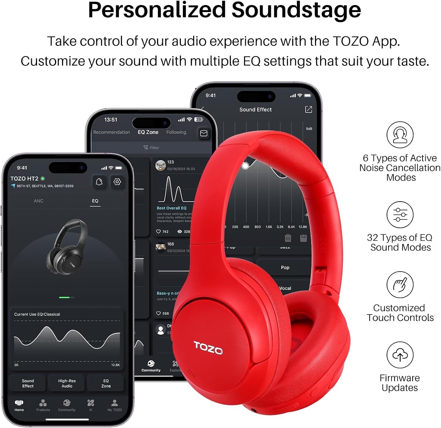 image:imageTOZO Hybrid Active Noise Cancelling Headphones Wireless Over Ear Bluetooth Headset 60H Playtime HiRes Audio Custom EQ via App Deep Bass Comfort Fit Ear Cups for Home Office Travel BlueRed
