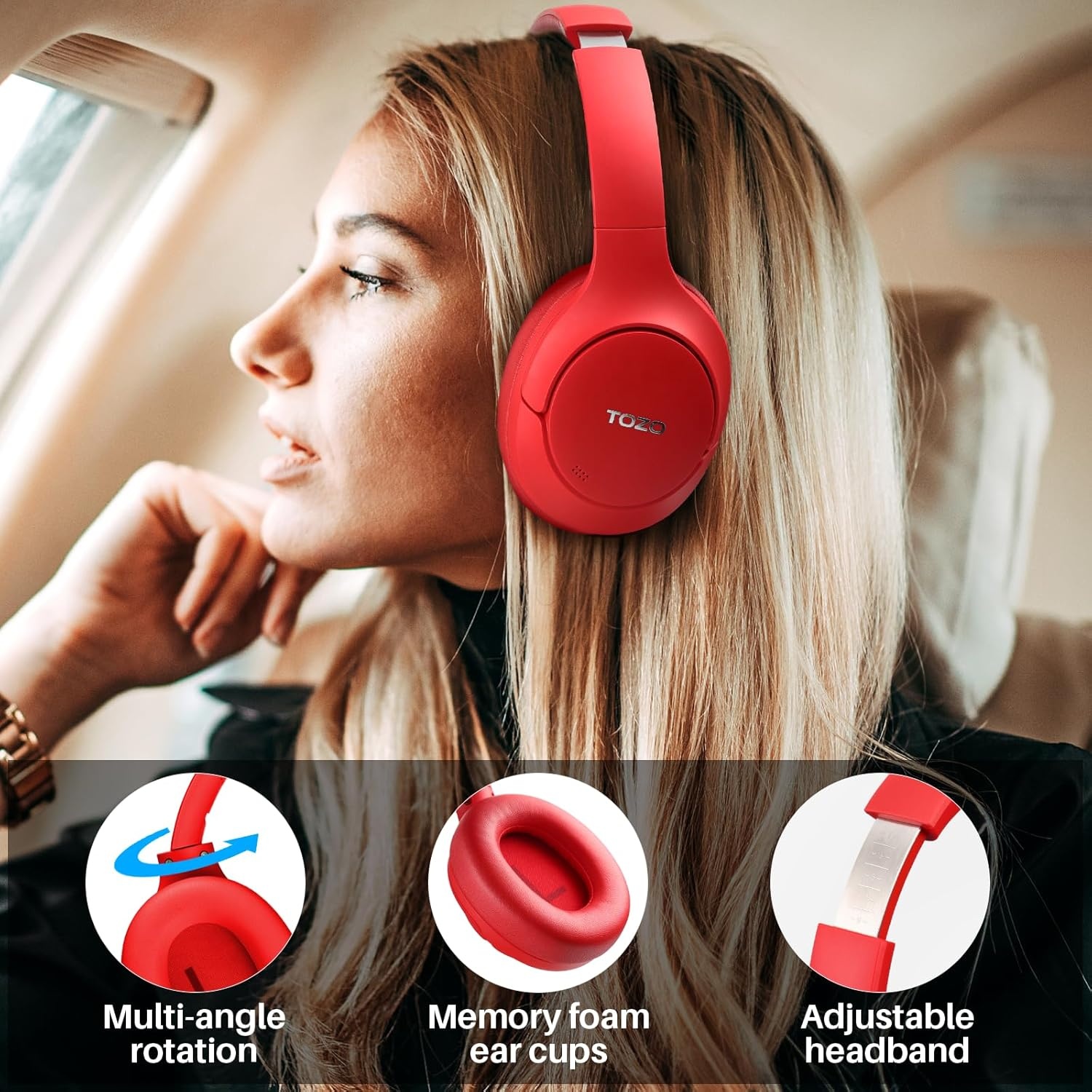 image:imageTOZO Hybrid Active Noise Cancelling Headphones Wireless Over Ear Bluetooth Headset 60H Playtime HiRes Audio Custom EQ via App Deep Bass Comfort Fit Ear Cups for Home Office Travel BlueRed