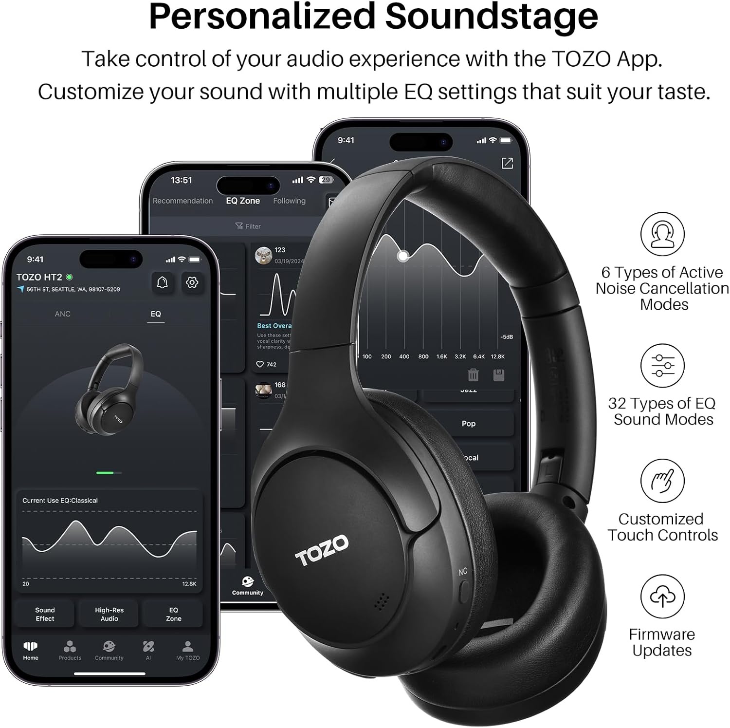image:imageTOZO Hybrid Active Noise Cancelling Headphones Wireless Over Ear Bluetooth Headset 60H Playtime HiRes Audio Custom EQ via App Deep Bass Comfort Fit Ear Cups for Home Office Travel BlueBlack