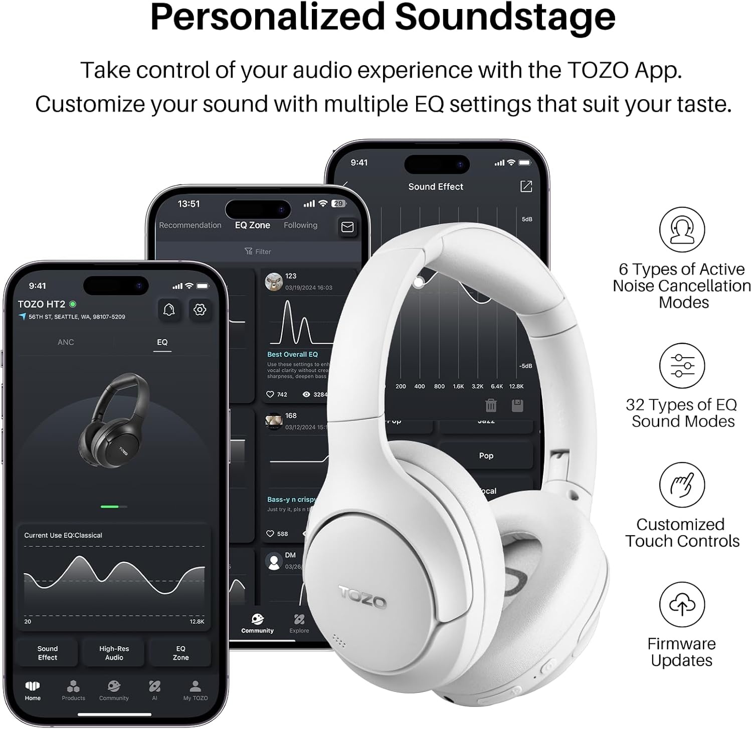 image:imageTOZO Hybrid Active Noise Cancelling Headphones Wireless Over Ear Bluetooth Headset 60H Playtime HiRes Audio Custom EQ via App Deep Bass Comfort Fit Ear Cups for Home Office Travel BlueWhite