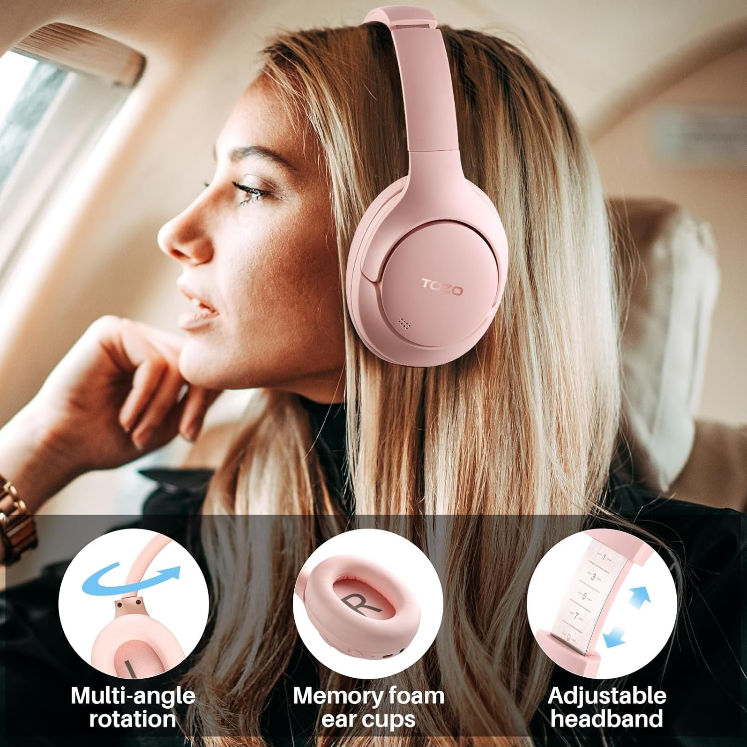 image:imageTOZO Hybrid Active Noise Cancelling Headphones Wireless Over Ear Bluetooth Headset 60H Playtime HiRes Audio Custom EQ via App Deep Bass Comfort Fit Ear Cups for Home Office Travel BluePink