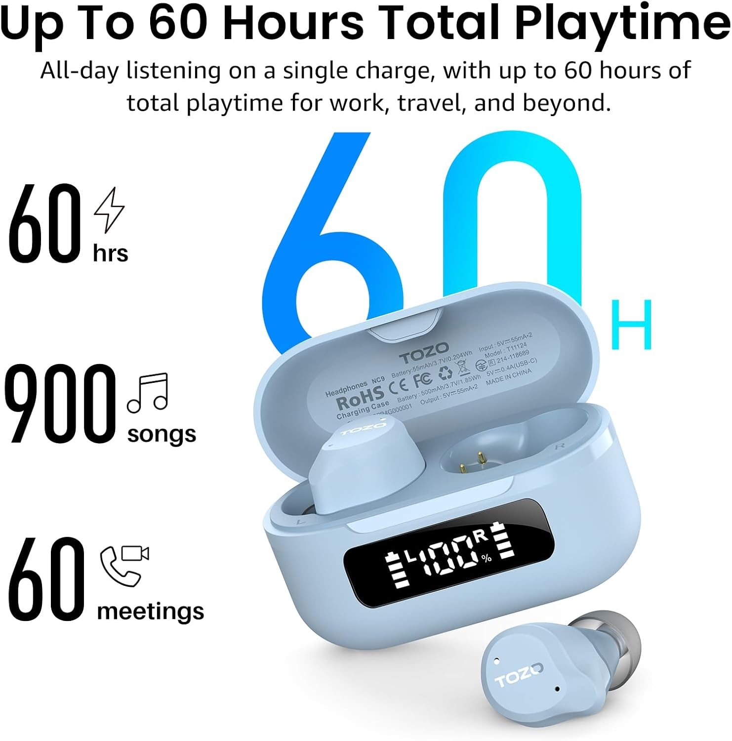 image:imageTOZO NC9 Hybrid Active Noise Cancelling Wireless Earbuds 6 Mics ENC Clear Call IPX8 Waterproof in Ear Bluetooth 53 Headphones Stereo Bass Ear Buds 60H Playtime with LED Display 32 EQs via APPLight Blue