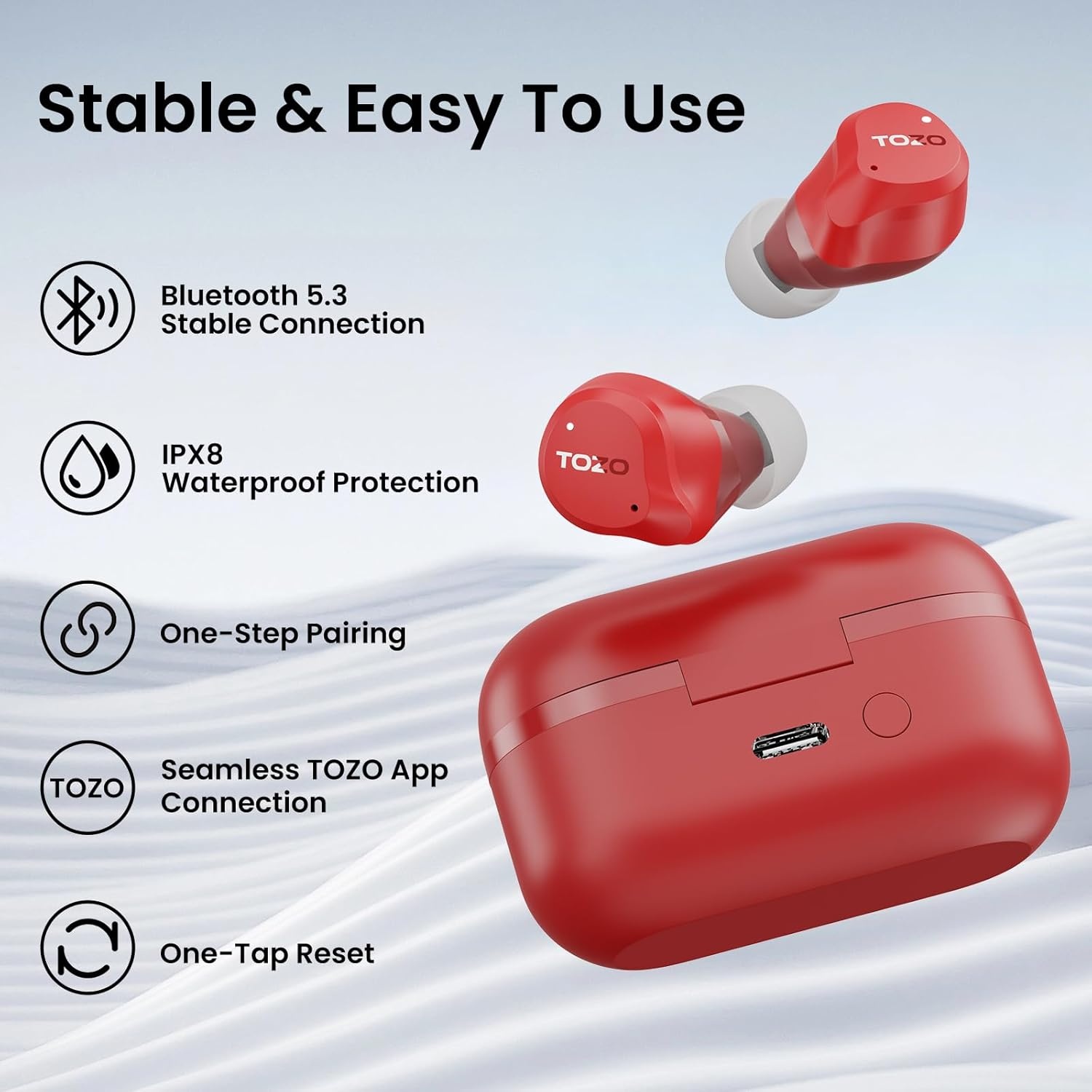 image:imageTOZO NC9 Hybrid Active Noise Cancelling Wireless Earbuds 6 Mics ENC Clear Call IPX8 Waterproof in Ear Bluetooth 53 Headphones Stereo Bass Ear Buds 60H Playtime with LED Display 32 EQs via APPRed