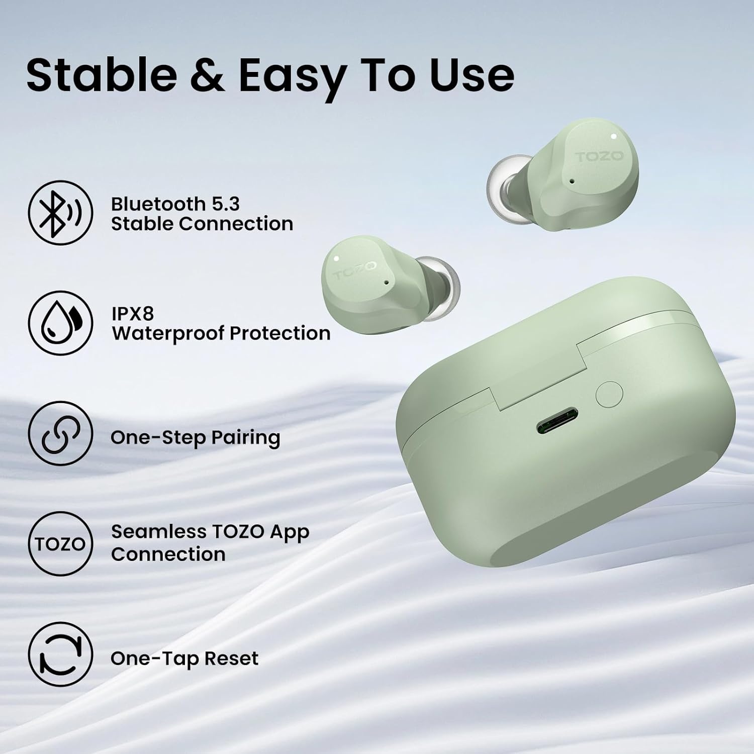 image:imageTOZO NC9 Hybrid Active Noise Cancelling Wireless Earbuds 6 Mics ENC Clear Call IPX8 Waterproof in Ear Bluetooth 53 Headphones Stereo Bass Ear Buds 60H Playtime with LED Display 32 EQs via APPSage Green