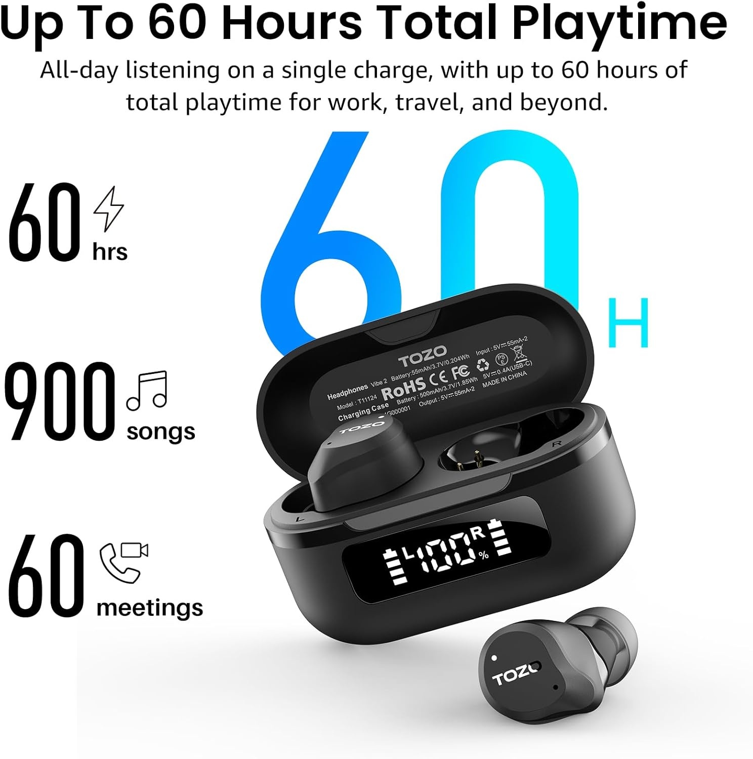 image:imageTOZO NC9 Hybrid Active Noise Cancelling Wireless Earbuds 6 Mics ENC Clear Call IPX8 Waterproof in Ear Bluetooth 53 Headphones Stereo Bass Ear Buds 60H Playtime with LED Display 32 EQs via APPDark Black