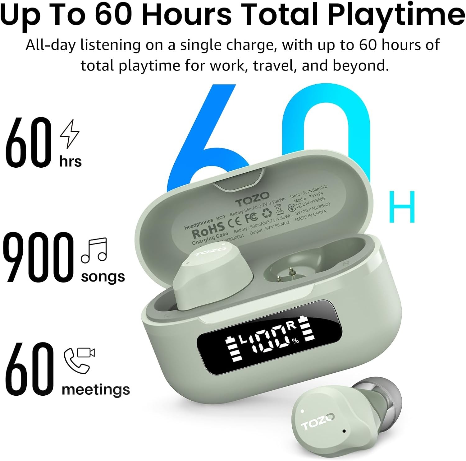 image:imageTOZO NC9 Hybrid Active Noise Cancelling Wireless Earbuds 6 Mics ENC Clear Call IPX8 Waterproof in Ear Bluetooth 53 Headphones Stereo Bass Ear Buds 60H Playtime with LED Display 32 EQs via APPSage Green