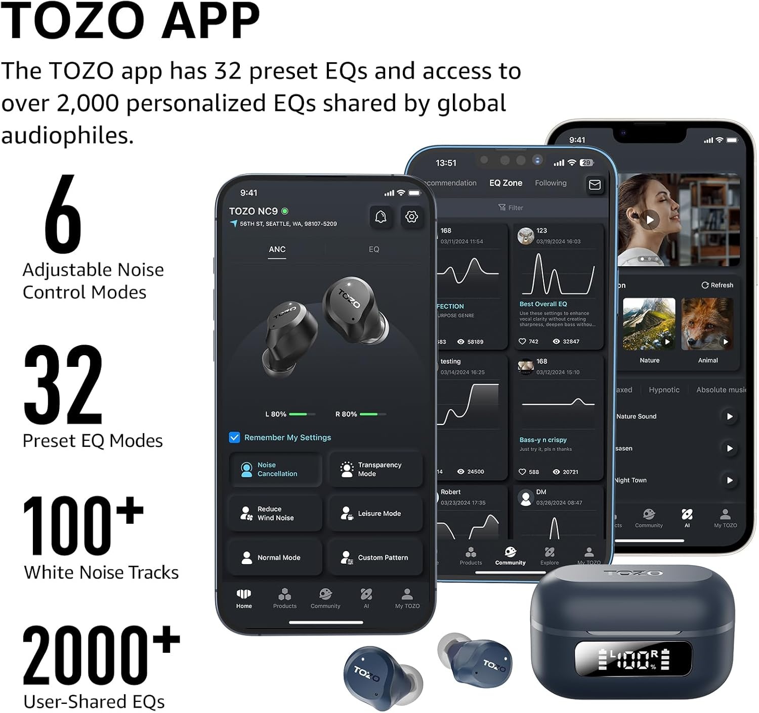 image:imageTOZO NC9 Hybrid Active Noise Cancelling Wireless Earbuds 6 Mics ENC Clear Call IPX8 Waterproof in Ear Bluetooth 53 Headphones Stereo Bass Ear Buds 60H Playtime with LED Display 32 EQs via APPBlue