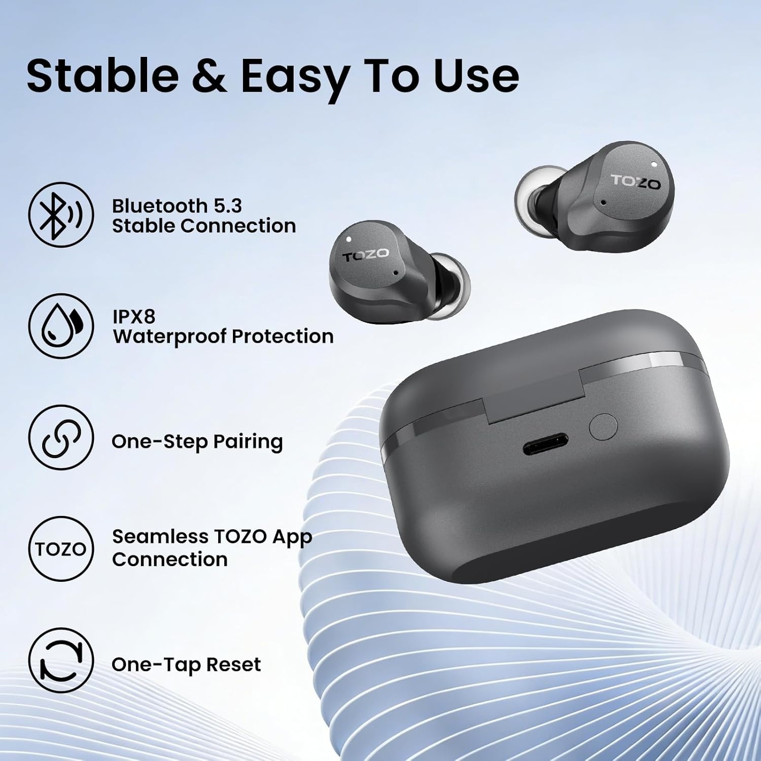 image:imageTOZO NC9 Hybrid Active Noise Cancelling Wireless Earbuds 6 Mics ENC Clear Call IPX8 Waterproof in Ear Bluetooth 53 Headphones Stereo Bass Ear Buds 60H Playtime with LED Display 32 EQs via APPGray