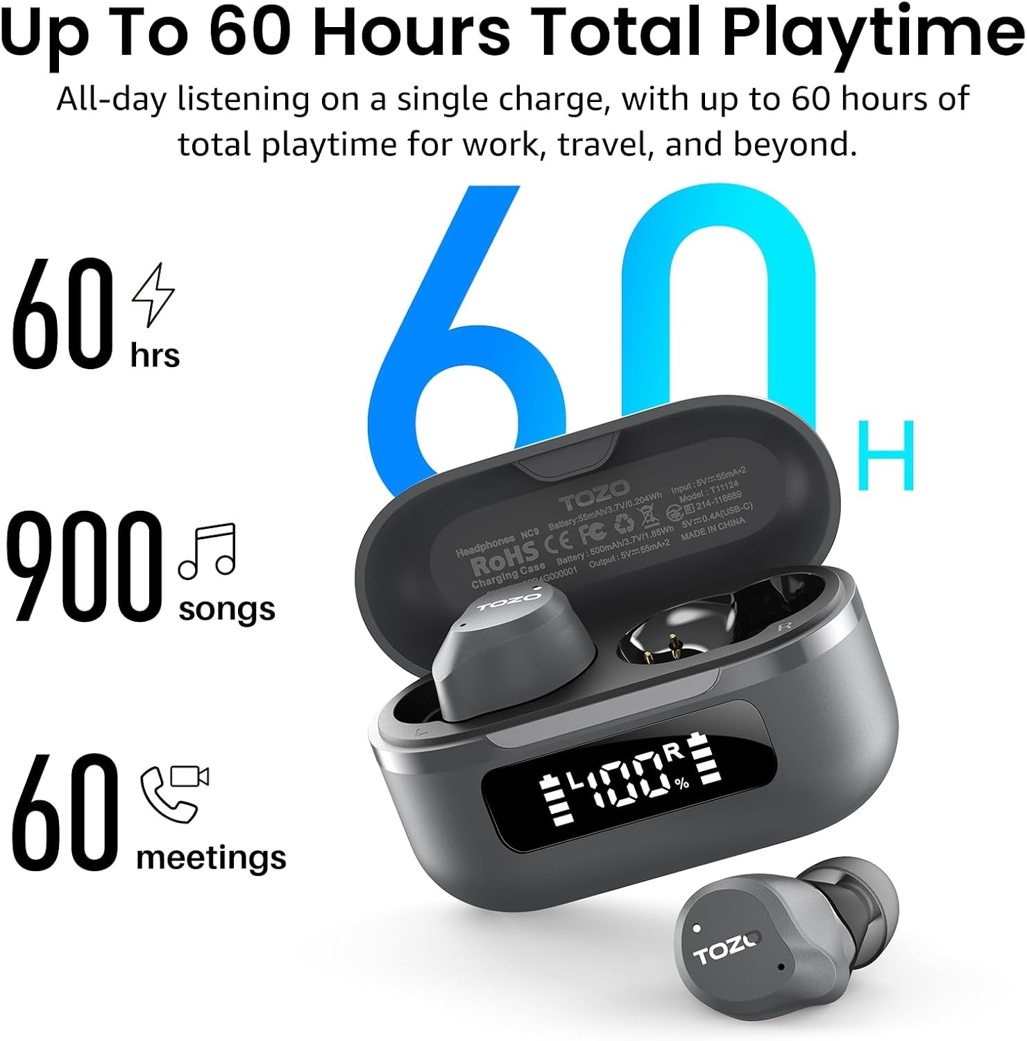 image:imageTOZO NC9 Hybrid Active Noise Cancelling Wireless Earbuds 6 Mics ENC Clear Call IPX8 Waterproof in Ear Bluetooth 53 Headphones Stereo Bass Ear Buds 60H Playtime with LED Display 32 EQs via APPDark Gray
