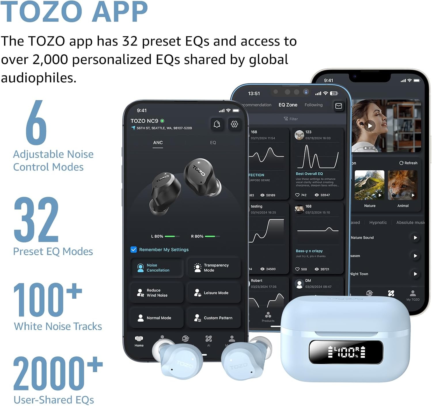image:imageTOZO NC9 Hybrid Active Noise Cancelling Wireless Earbuds 6 Mics ENC Clear Call IPX8 Waterproof in Ear Bluetooth 53 Headphones Stereo Bass Ear Buds 60H Playtime with LED Display 32 EQs via APPLight Blue