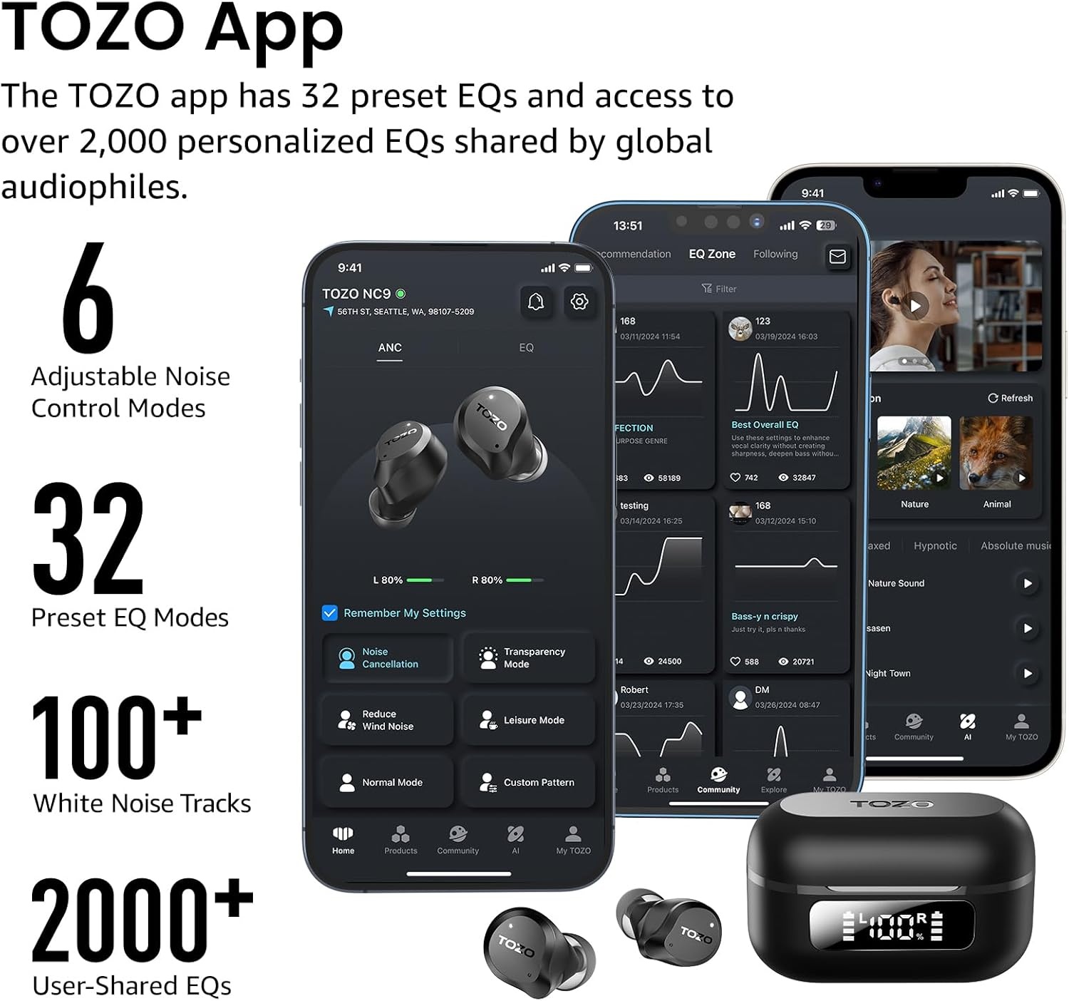 image:imageTOZO NC9 Hybrid Active Noise Cancelling Wireless Earbuds 6 Mics ENC Clear Call IPX8 Waterproof in Ear Bluetooth 53 Headphones Stereo Bass Ear Buds 60H Playtime with LED Display 32 EQs via APPDark Black