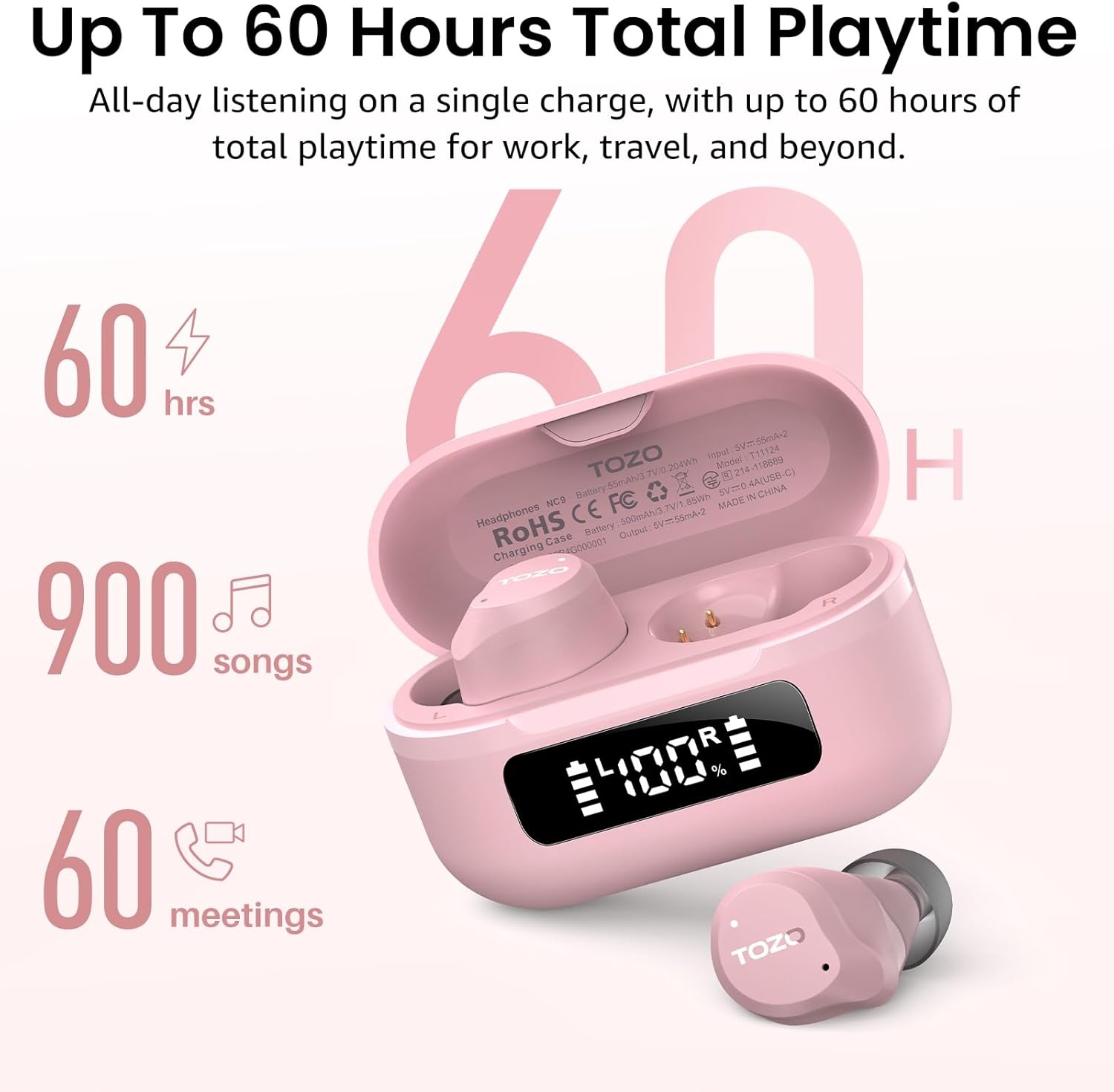image:imageTOZO NC9 Hybrid Active Noise Cancelling Wireless Earbuds 6 Mics ENC Clear Call IPX8 Waterproof in Ear Bluetooth 53 Headphones Stereo Bass Ear Buds 60H Playtime with LED Display 32 EQs via APPPink