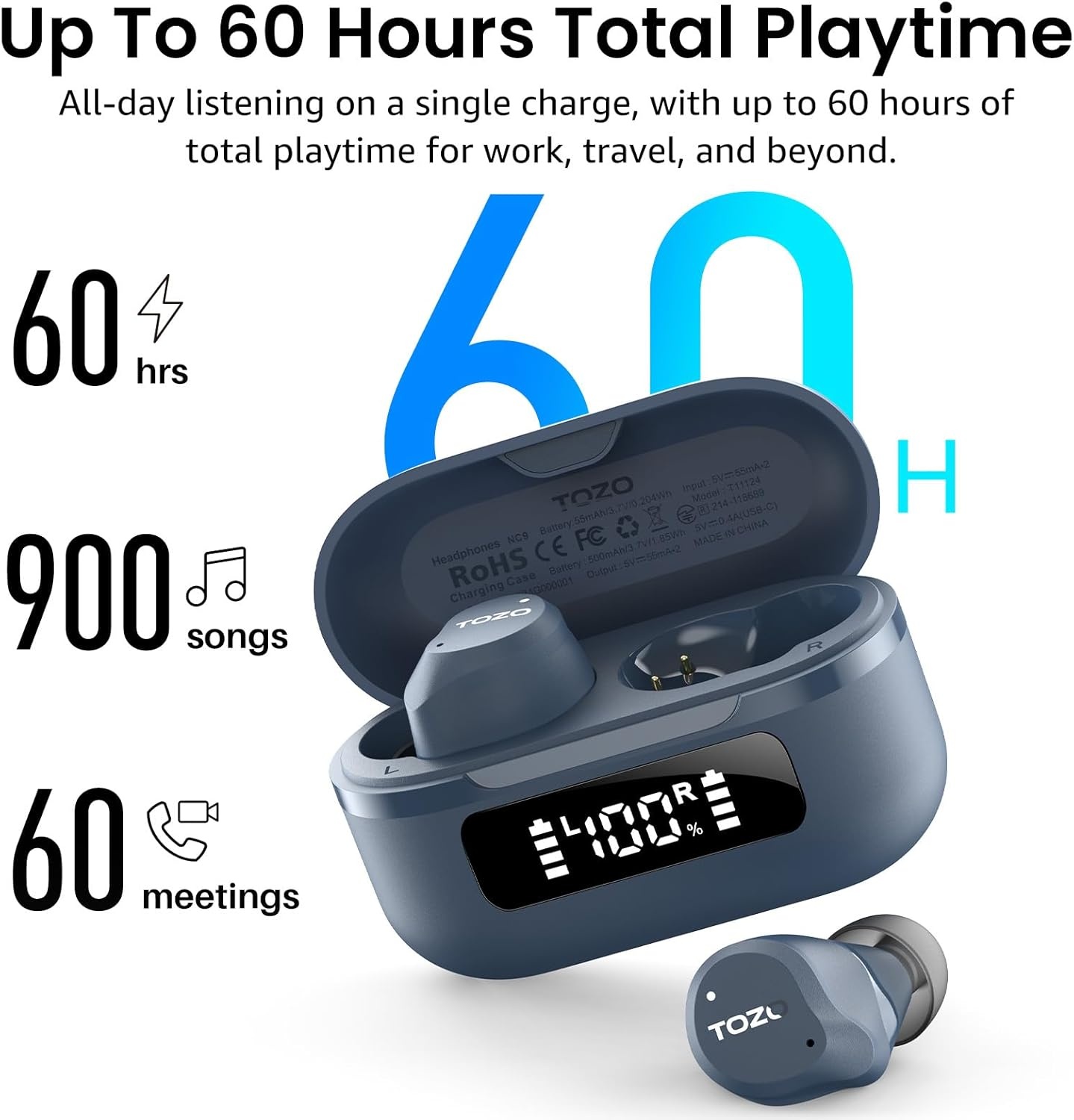 image:imageTOZO NC9 Hybrid Active Noise Cancelling Wireless Earbuds 6 Mics ENC Clear Call IPX8 Waterproof in Ear Bluetooth 53 Headphones Stereo Bass Ear Buds 60H Playtime with LED Display 32 EQs via APPBlue