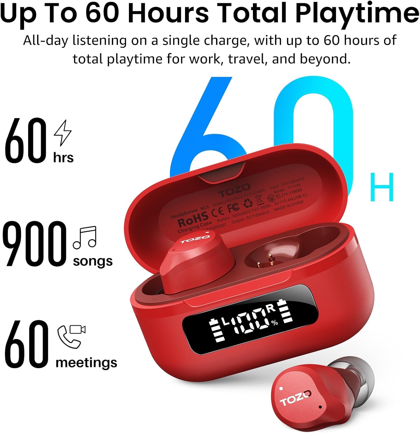 image:imageTOZO NC9 Hybrid Active Noise Cancelling Wireless Earbuds 6 Mics ENC Clear Call IPX8 Waterproof in Ear Bluetooth 53 Headphones Stereo Bass Ear Buds 60H Playtime with LED Display 32 EQs via APPRed