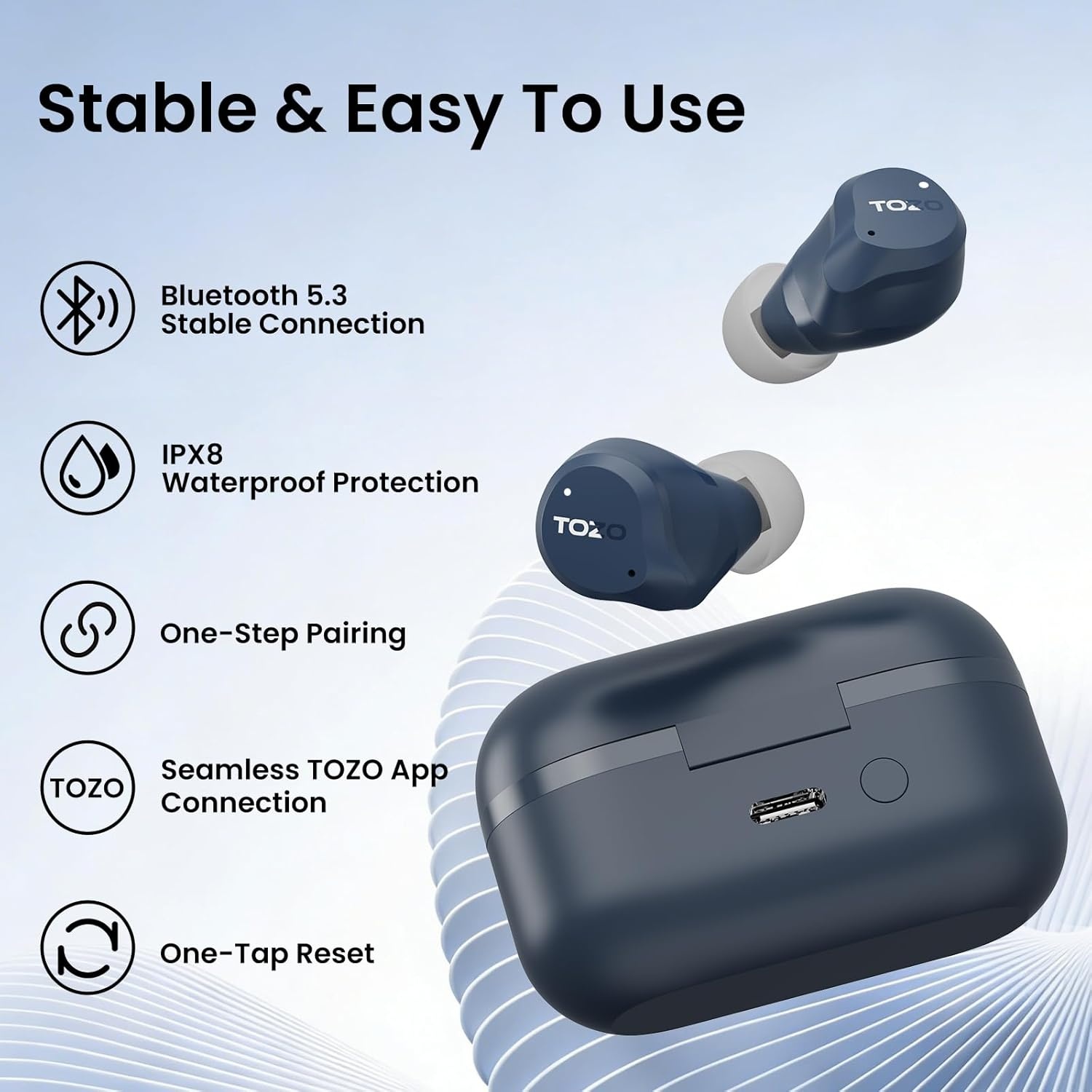 image:imageTOZO NC9 Hybrid Active Noise Cancelling Wireless Earbuds 6 Mics ENC Clear Call IPX8 Waterproof in Ear Bluetooth 53 Headphones Stereo Bass Ear Buds 60H Playtime with LED Display 32 EQs via APPBlue