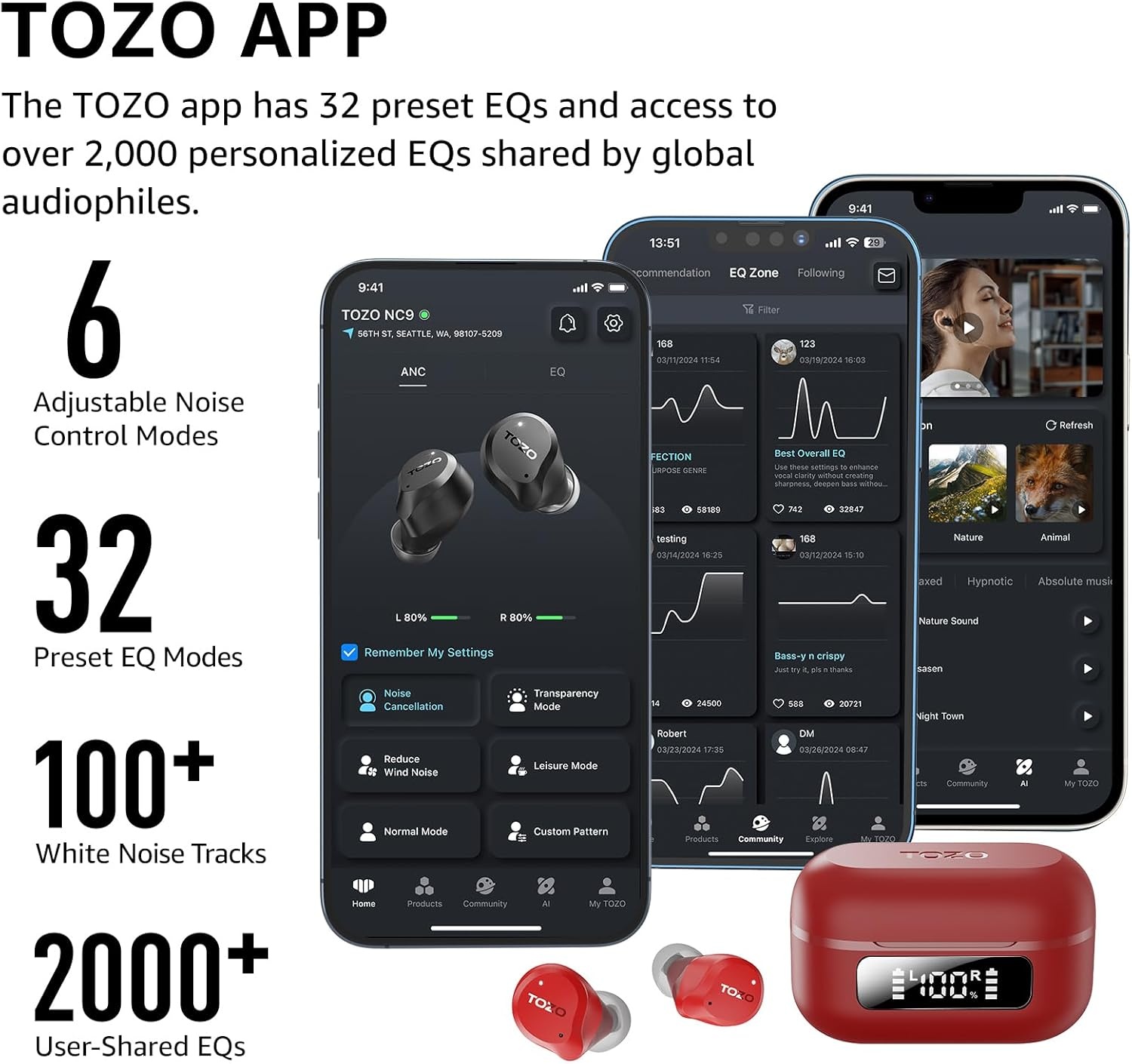 image:imageTOZO NC9 Hybrid Active Noise Cancelling Wireless Earbuds 6 Mics ENC Clear Call IPX8 Waterproof in Ear Bluetooth 53 Headphones Stereo Bass Ear Buds 60H Playtime with LED Display 32 EQs via APPRed