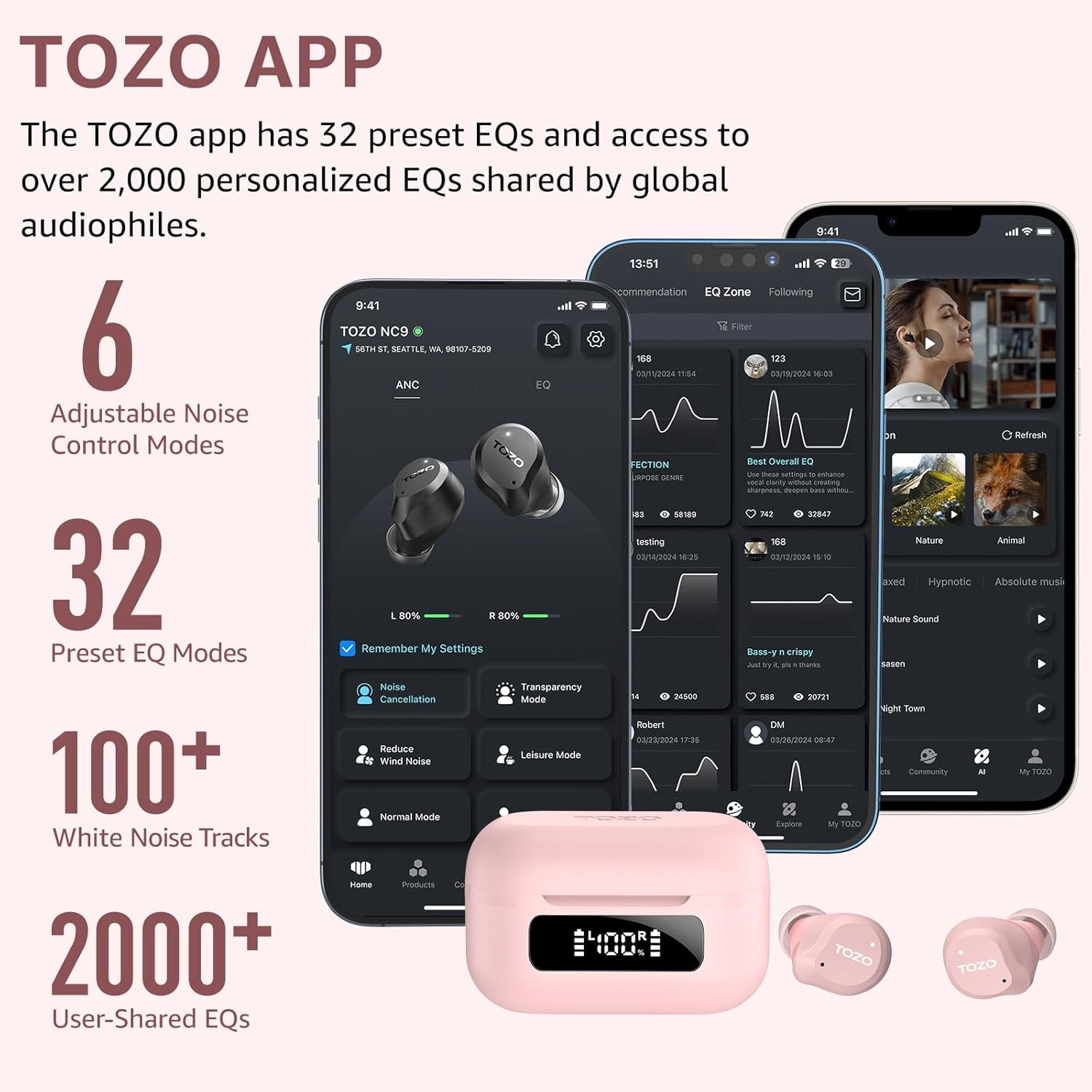 image:imageTOZO NC9 Hybrid Active Noise Cancelling Wireless Earbuds 6 Mics ENC Clear Call IPX8 Waterproof in Ear Bluetooth 53 Headphones Stereo Bass Ear Buds 60H Playtime with LED Display 32 EQs via APPPink