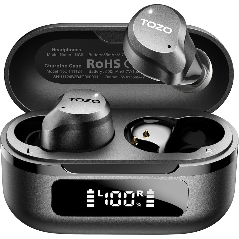 image:imageTOZO NC9 Hybrid Active Noise Cancelling Wireless Earbuds 6 Mics ENC Clear Call IPX8 Waterproof in Ear Bluetooth 53 Headphones Stereo Bass Ear Buds 60H Playtime with LED Display 32 EQs via APPDark Black