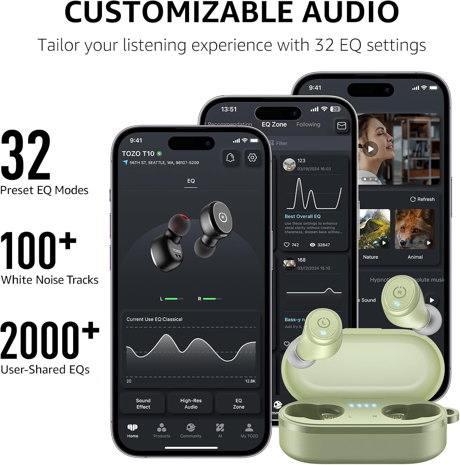 image:imageTOZO T10 Bluetooth 53 Wireless Earbuds Deep Bass Stereo 55H Playtime App EQ Customization Wireless Charging Case IPX8 Waterproof Ergonomic Fit for inEar HeadphonesLight Green
