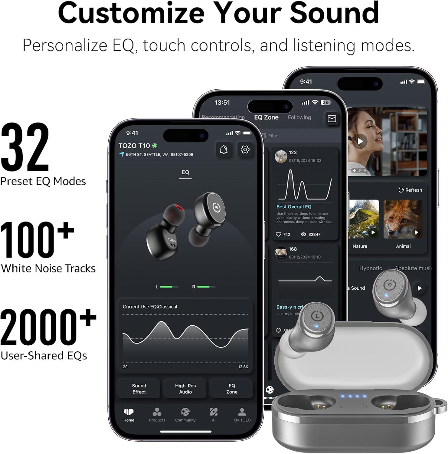 image:imageTOZO T10 Bluetooth 53 Wireless Earbuds Deep Bass Stereo 55H Playtime App EQ Customization Wireless Charging Case IPX8 Waterproof Ergonomic Fit for inEar HeadphonesMatte Gray