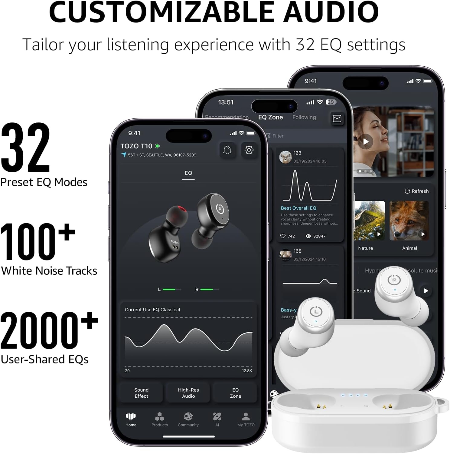 image:imageTOZO T10 Bluetooth 53 Wireless Earbuds Deep Bass Stereo 55H Playtime App EQ Customization Wireless Charging Case IPX8 Waterproof Ergonomic Fit for inEar HeadphonesMatte White