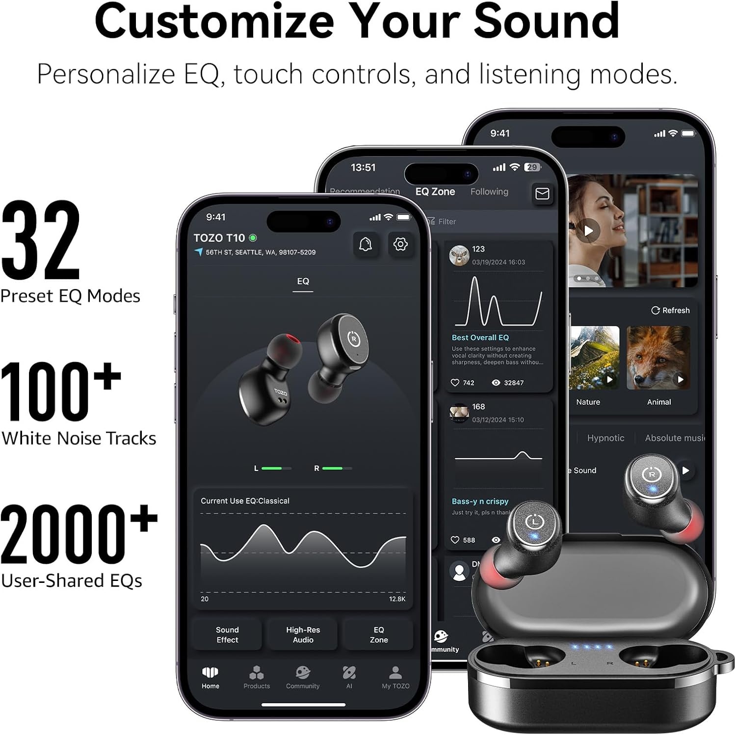 image:imageTOZO T10 Bluetooth 53 Wireless Earbuds Deep Bass Stereo 55H Playtime App EQ Customization Wireless Charging Case IPX8 Waterproof Ergonomic Fit for inEar HeadphonesBlack