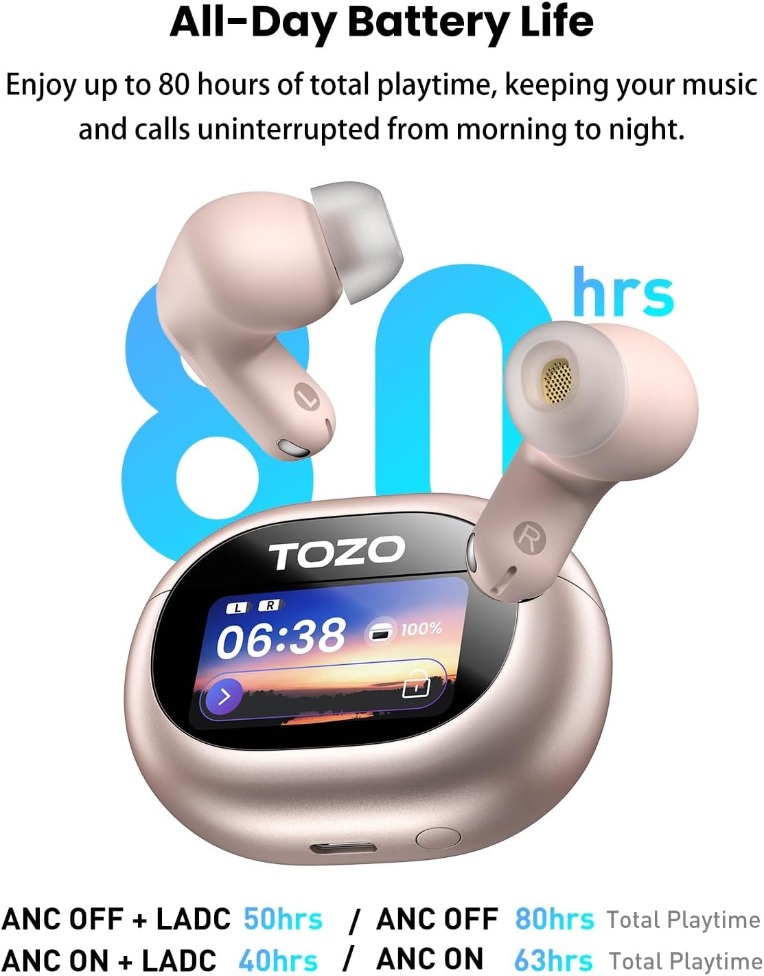 image:imageTOZO NC20 Pro Active Noise Cancelling Wireless Earbuds with Smart Touch Screen LDAC HiRes Audio Stereo Bass 6 Mics AI Call Ear Buds 80H Playtime IPX8 Waterproof 32 EQ via App Wireless ChargingTitanium Pink