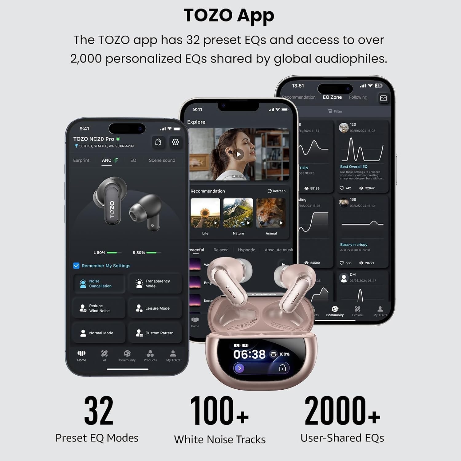 image:imageTOZO NC20 Pro Active Noise Cancelling Wireless Earbuds with Smart Touch Screen LDAC HiRes Audio Stereo Bass 6 Mics AI Call Ear Buds 80H Playtime IPX8 Waterproof 32 EQ via App Wireless ChargingTitanium Pink