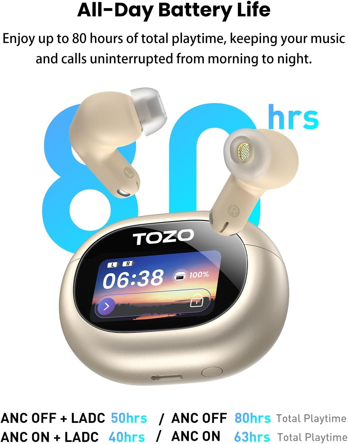 image:imageTOZO NC20 Pro Active Noise Cancelling Wireless Earbuds with Smart Touch Screen LDAC HiRes Audio Stereo Bass 6 Mics AI Call Ear Buds 80H Playtime IPX8 Waterproof 32 EQ via App Wireless ChargingTitanium Gold