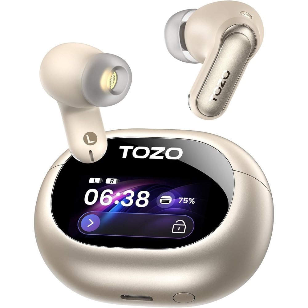 image:imageTOZO NC20 Pro Active Noise Cancelling Wireless Earbuds with Smart Touch Screen LDAC HiRes Audio Stereo Bass 6 Mics AI Call Ear Buds 80H Playtime IPX8 Waterproof 32 EQ via App Wireless ChargingTitanium Gold