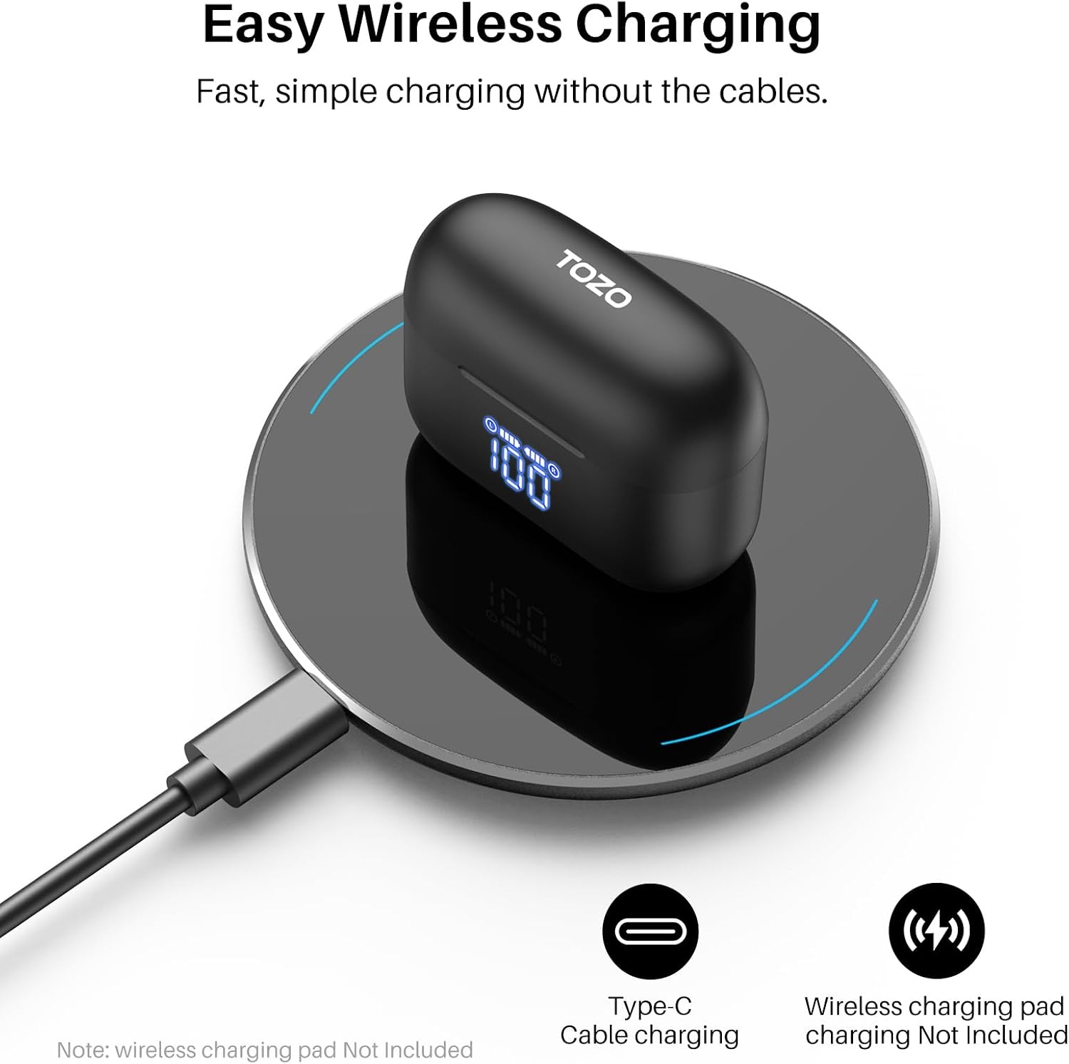 image:imageTOZO T20 Wireless Earbuds 97H Playtime Wireless Charging LED Display Case 10mm Deep Bass Sound Dual Mic ENC Clear Calls IPX8 Waterproof Bluetooth 53 Comfortable Fit Ear Buds For Daily UseBlack