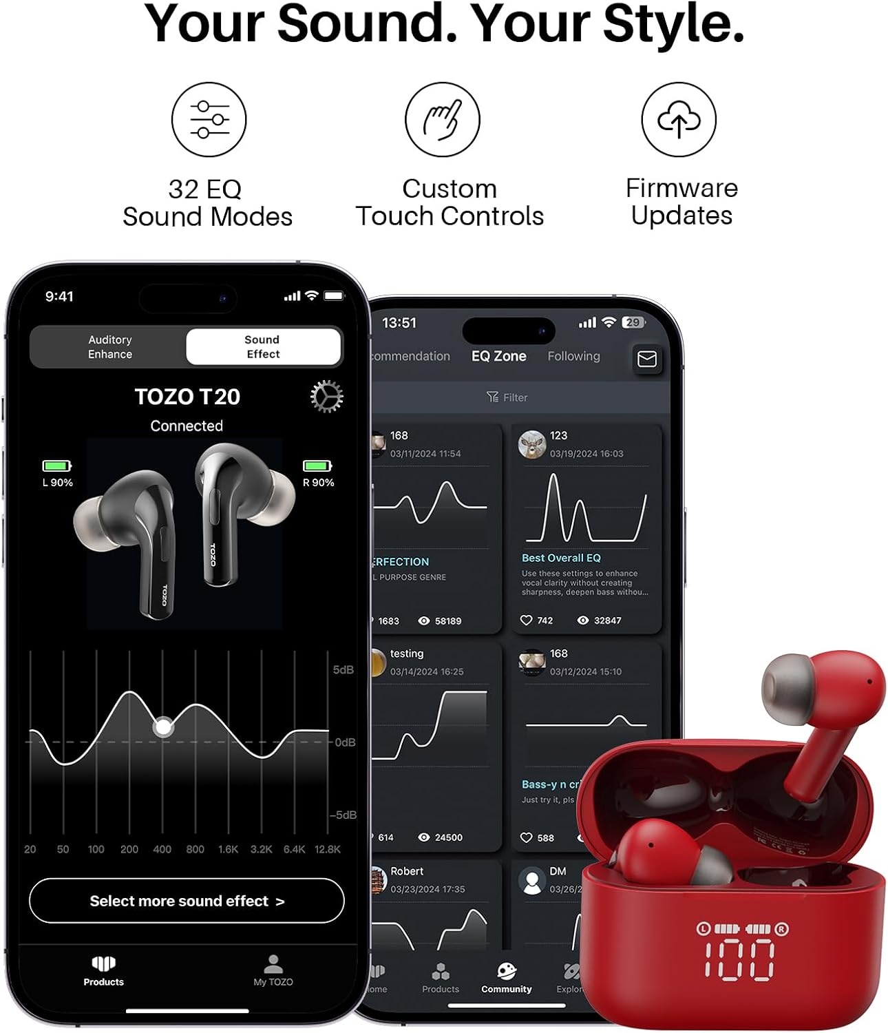 image:imageTOZO T20 Wireless Earbuds 97H Playtime Wireless Charging LED Display Case 10mm Deep Bass Sound Dual Mic ENC Clear Calls IPX8 Waterproof Bluetooth 53 Comfortable Fit Ear Buds For Daily UseDark Red