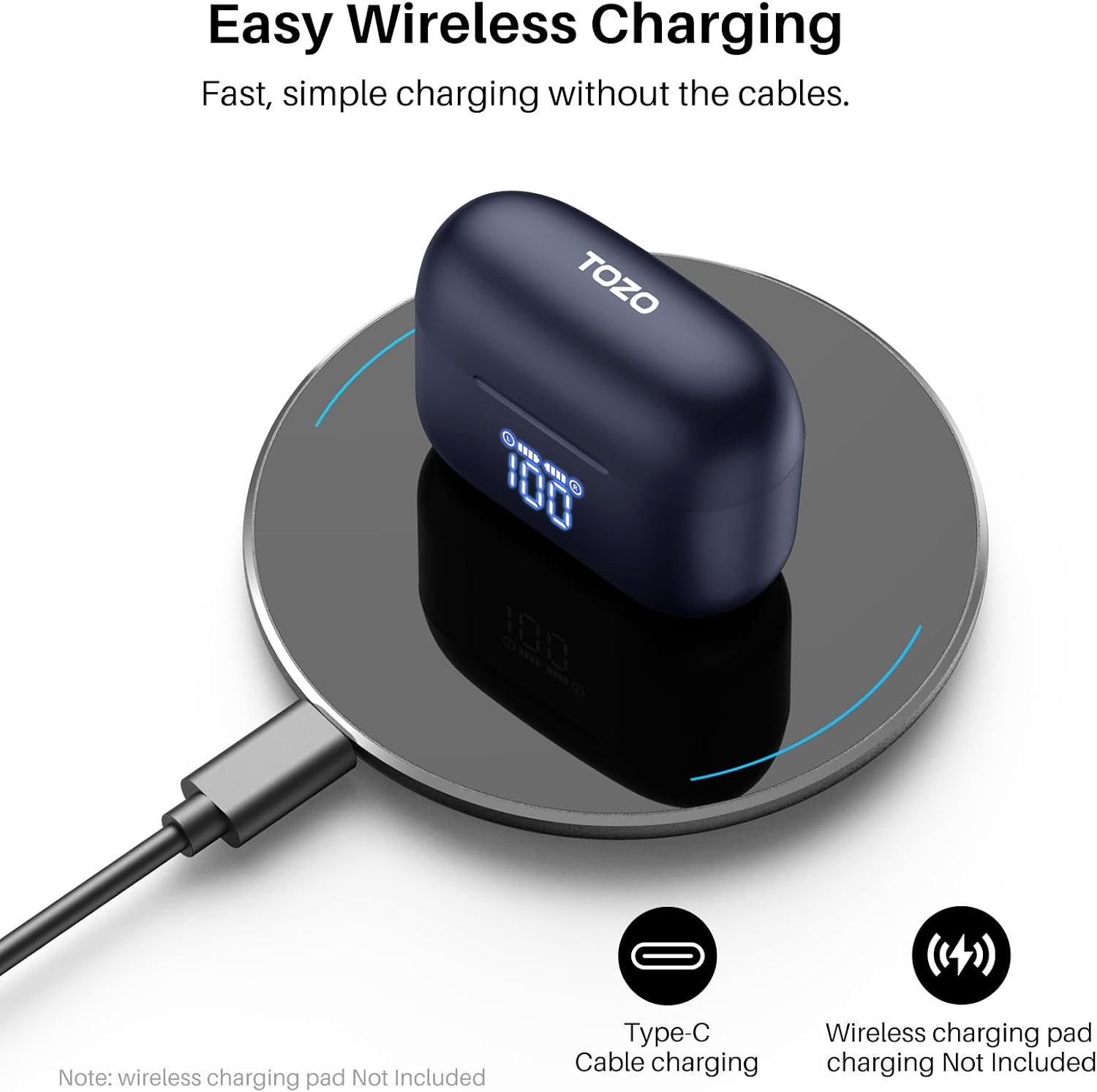 image:imageTOZO T20 Wireless Earbuds 97H Playtime Wireless Charging LED Display Case 10mm Deep Bass Sound Dual Mic ENC Clear Calls IPX8 Waterproof Bluetooth 53 Comfortable Fit Ear Buds For Daily UseBlue