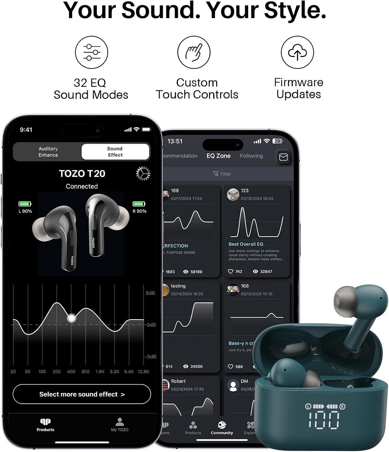 image:imageTOZO T20 Wireless Earbuds 97H Playtime Wireless Charging LED Display Case 10mm Deep Bass Sound Dual Mic ENC Clear Calls IPX8 Waterproof Bluetooth 53 Comfortable Fit Ear Buds For Daily UseGreen