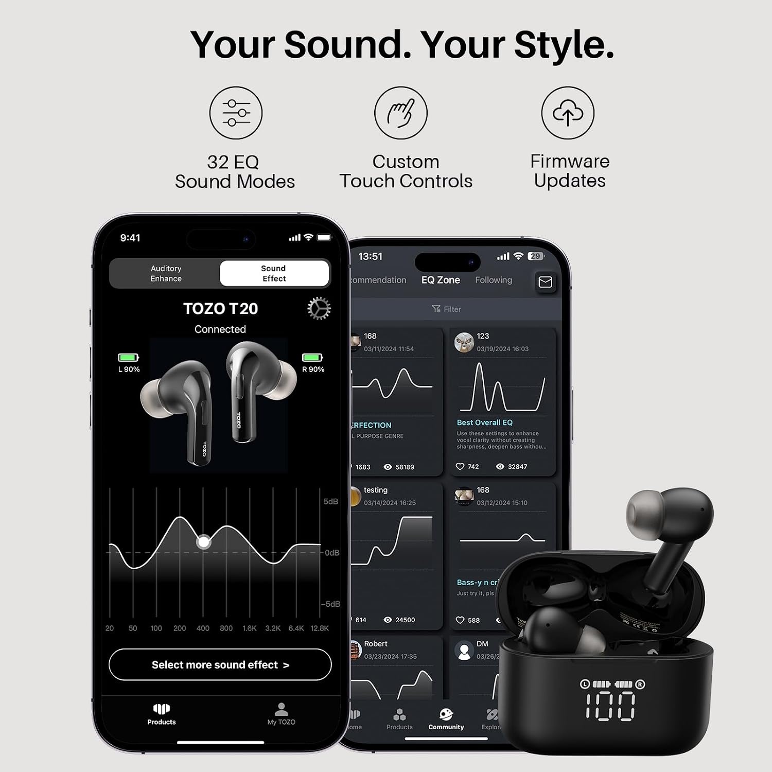 image:imageTOZO T20 Wireless Earbuds 97H Playtime Wireless Charging LED Display Case 10mm Deep Bass Sound Dual Mic ENC Clear Calls IPX8 Waterproof Bluetooth 53 Comfortable Fit Ear Buds For Daily UseBlack
